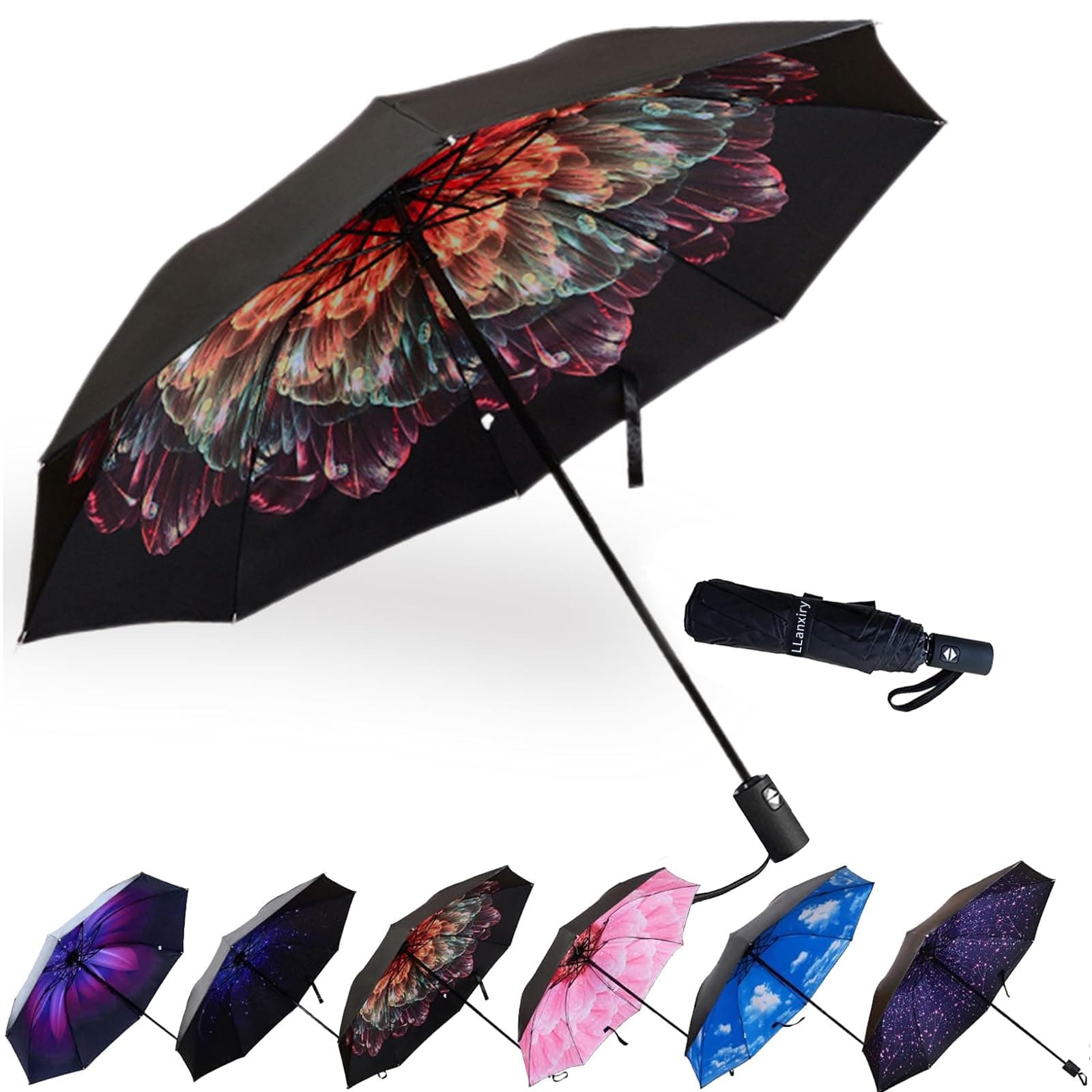 Compact Travel Umbrella, 44" Canopy, Automatic Open/Close Windproof Umbrella, 210T Pongee, 8-Rib Fiberglass, Travel Size Mini, Portable Rain/Sun Umbrellas UPF 50+ with Cover
