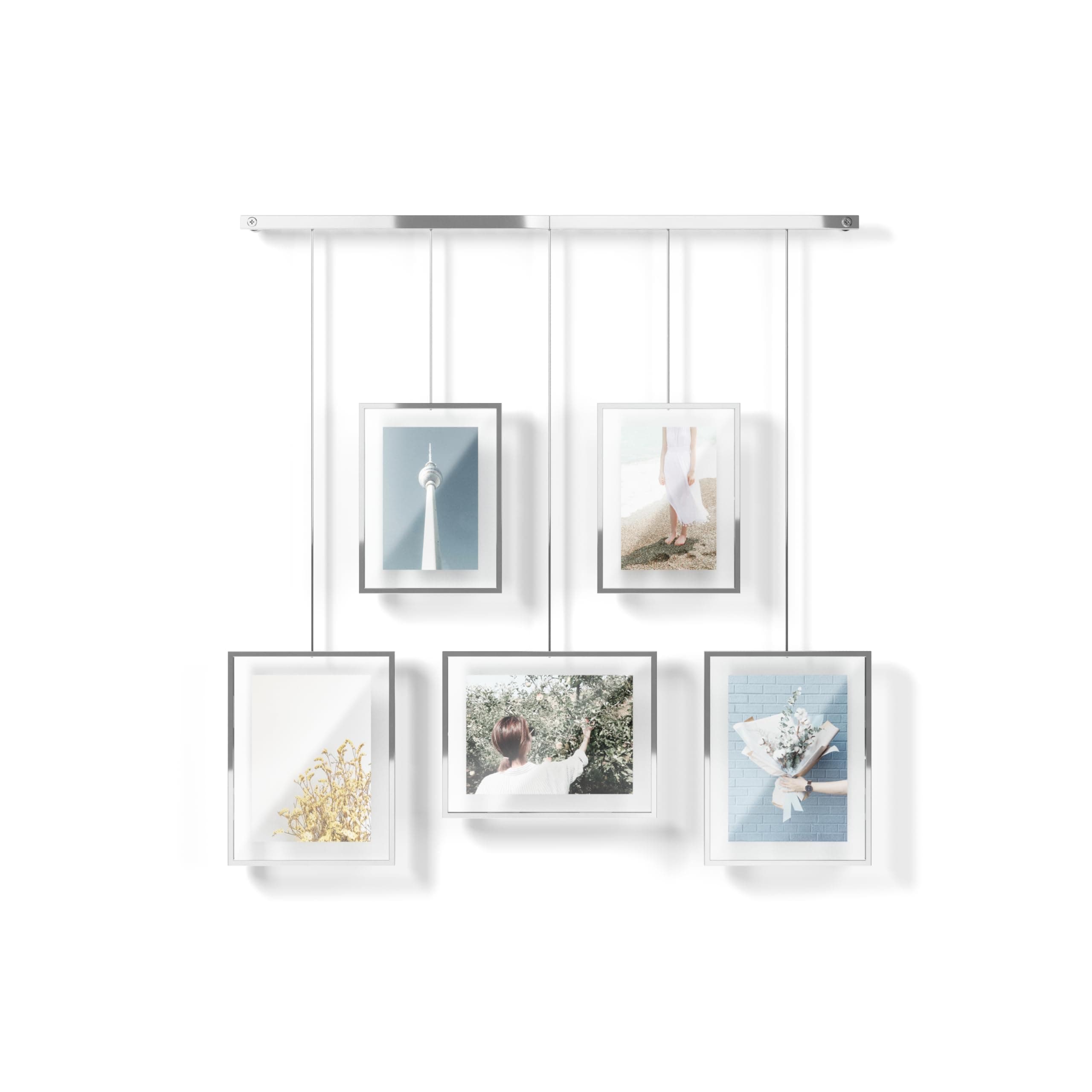 Umbra Exhibit Picture Frame Gallery Set Adjustable Collage Display for 5 Photos, Prints, Artwork & More (Holds Two 4 x 6 inch and Three 5 x 7 inch Images), Normal, Chrome