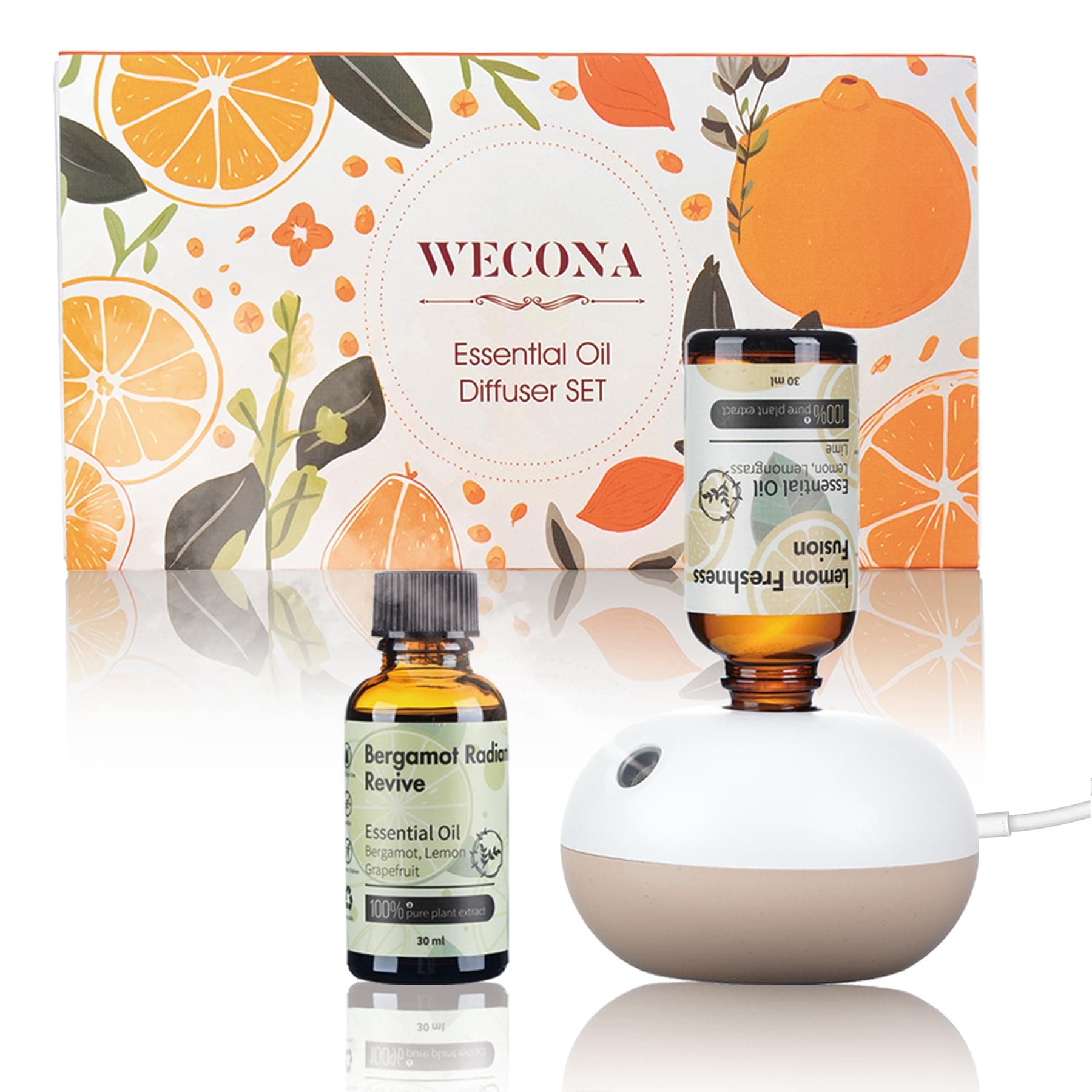 Wecona Waterless Essential Oil Diffuser & 2 Essential Oils Blend Set(30ml) - 2 Mist Modes Scentiment Scent Diffuser Starter Kit for Home,Car,Office,Spa