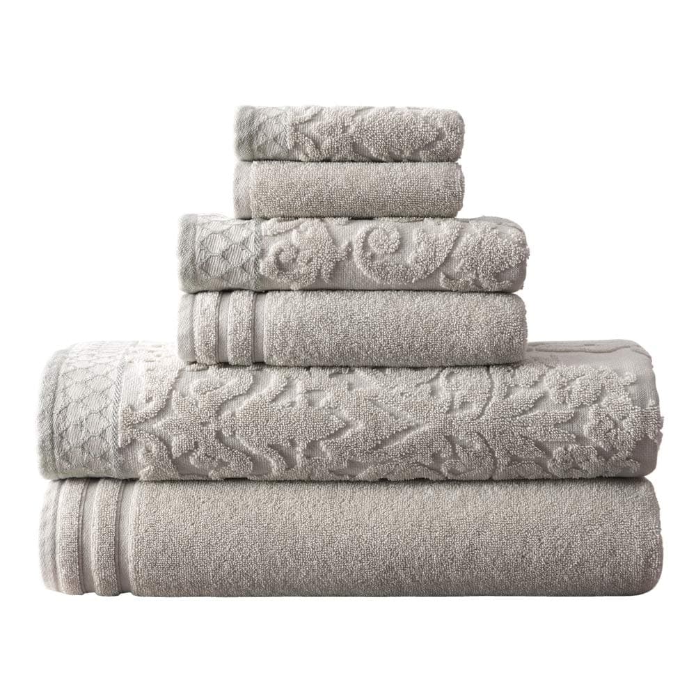 Modern Threads6-Piece Damask Jacquard/Solid Ultra Soft 550GSM 100% Combed Cotton Towel Set with Embellished Borders [Gray]OEKO-TEX STANDARD 100