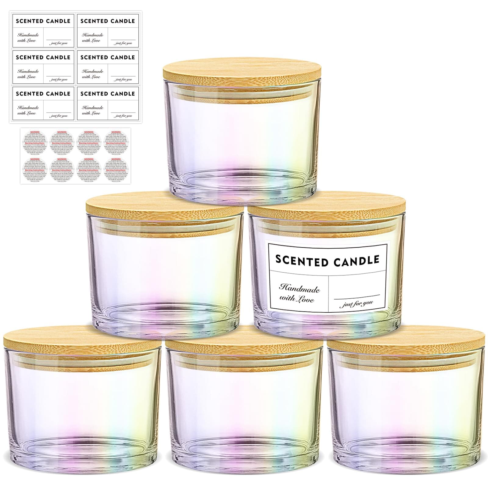 16oz 3 Wick Candle Jars 6 Pack - Large Empty Iridescent Wide Mouth Glass Candle Making Jars with Bamboo Lids and Stickers and Labels, Bulk Candle Containers for Making Candles