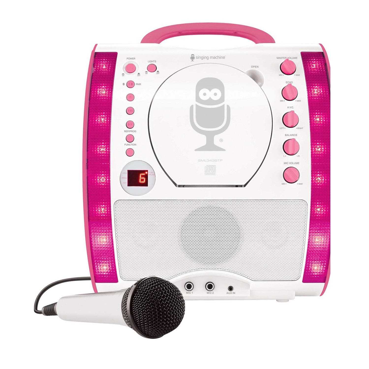 The Singing Machine SML343 Portable CDG + Bluetooth Karaoke System with LED Disco Lights and Microphone - White