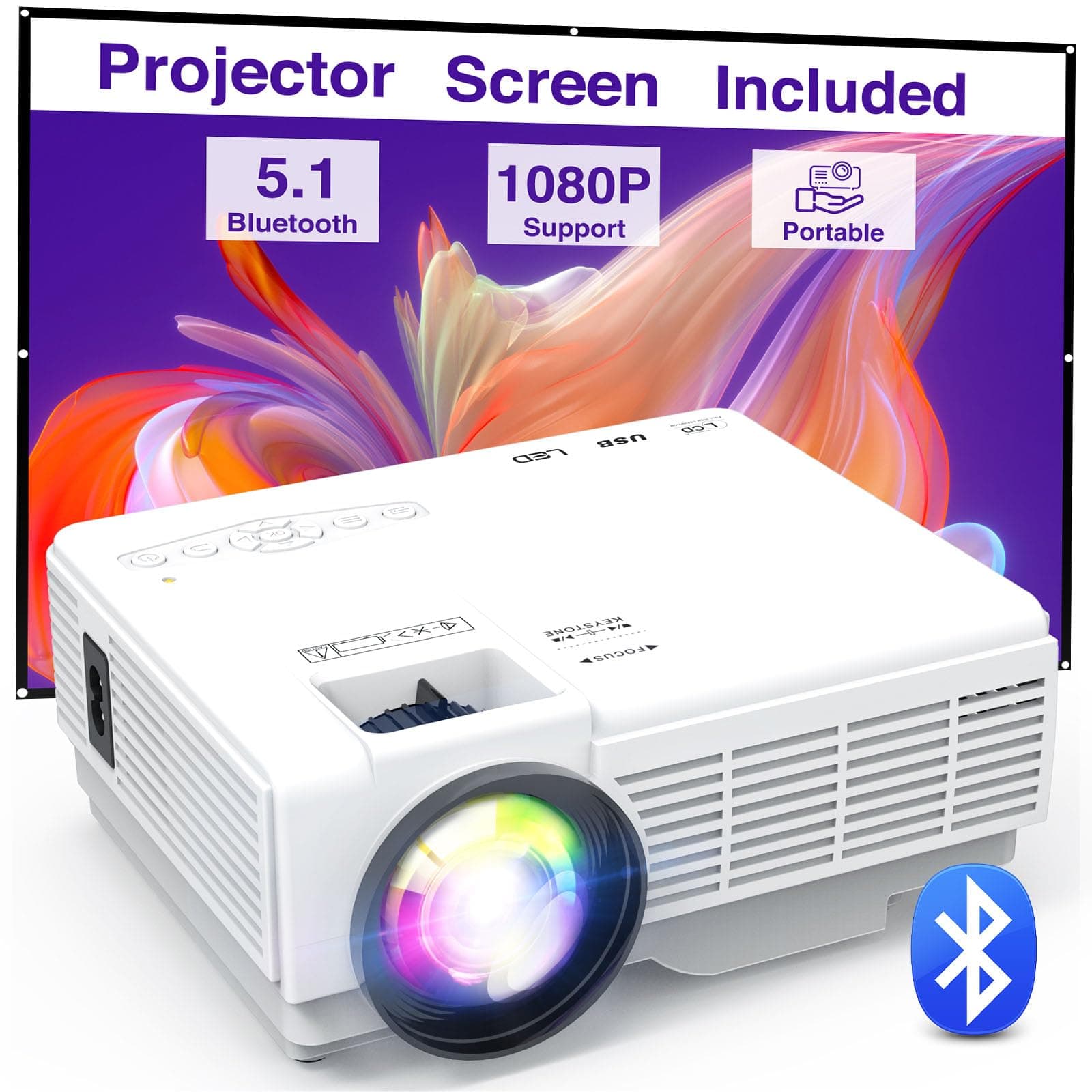 Manyaming Mini Projector Portable with Screen, YOOYAA Bluetooth Projector Full HD 1080P 10000L, Outdoor Home Cinema Video Projector, 50% Zoom, Compatible with Smartphone/Laptop/TV Stick
