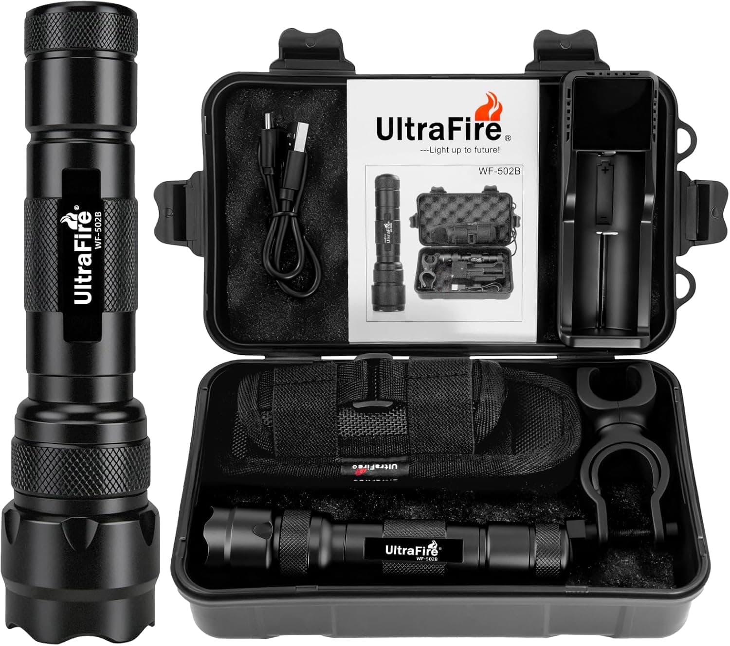 ULTRAFIRE WF-502B LED Tactical Flashlight, 5 Modes 1000 High Lumens Flashlight Torch with Duty Belt Flashlight Holster, UFB26, Bicycle Mount, USB Charger