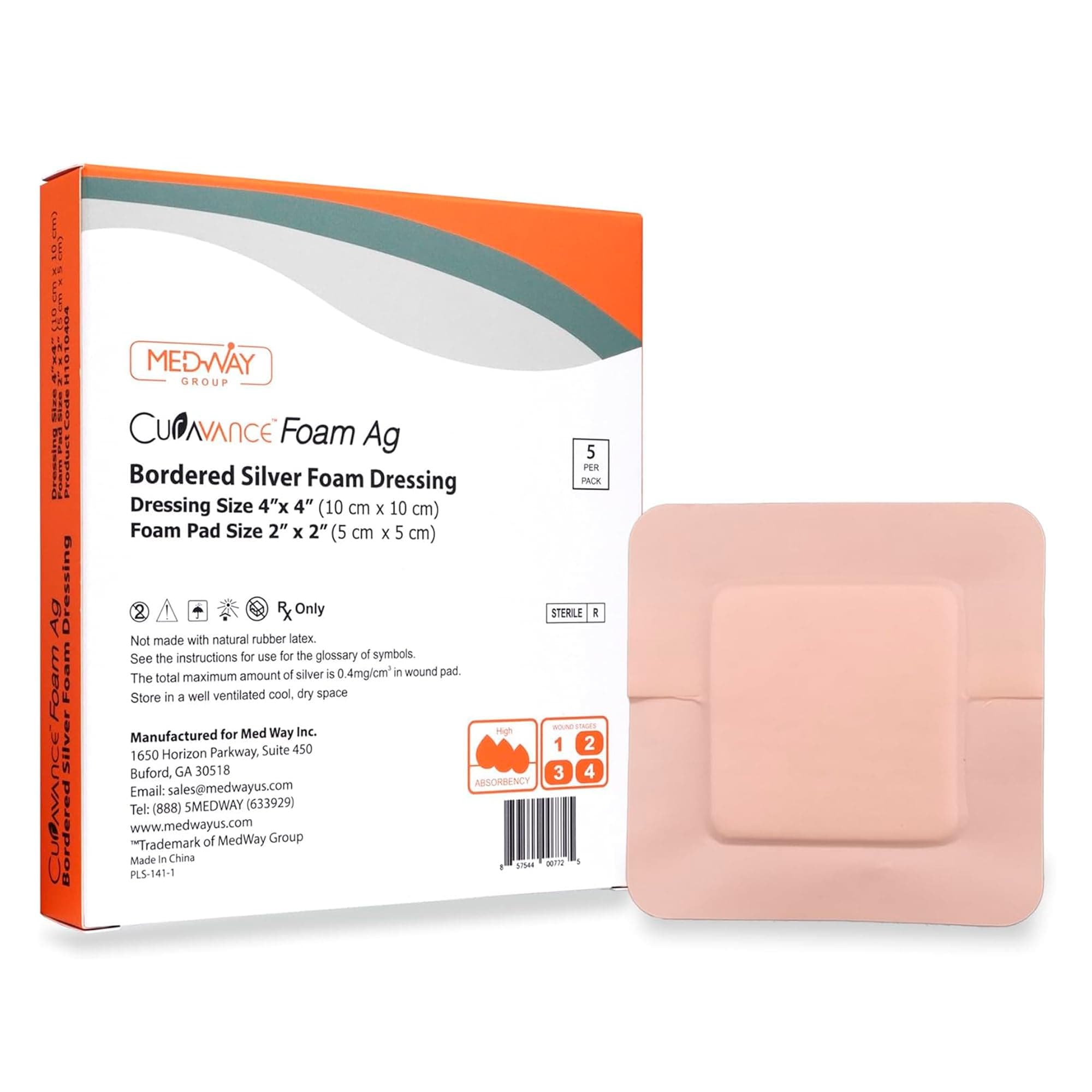 Bordered Silver Foam Ag Sterile Highly Absorbent Dressing, 4"x 4" (2"x 2" Pad), 5 dressings/Box, 5 Count (Pack of 1)