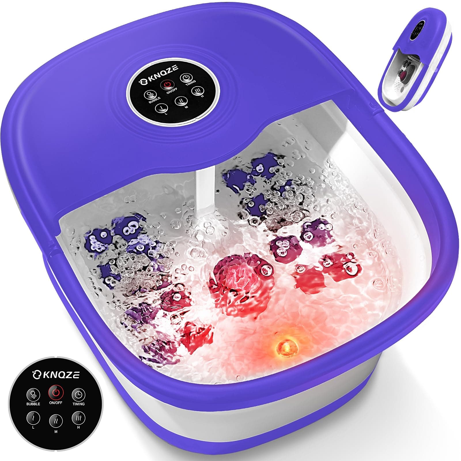 Collapsible Foot Spa with Heat, Remote Control, Temperature Control, Bubbles, Pumice Stone, Red Light, Timer, 16 Massage Roller Pedicure Foot Bath Tub Foot Soaker for Feet Stress Relief, Purple
