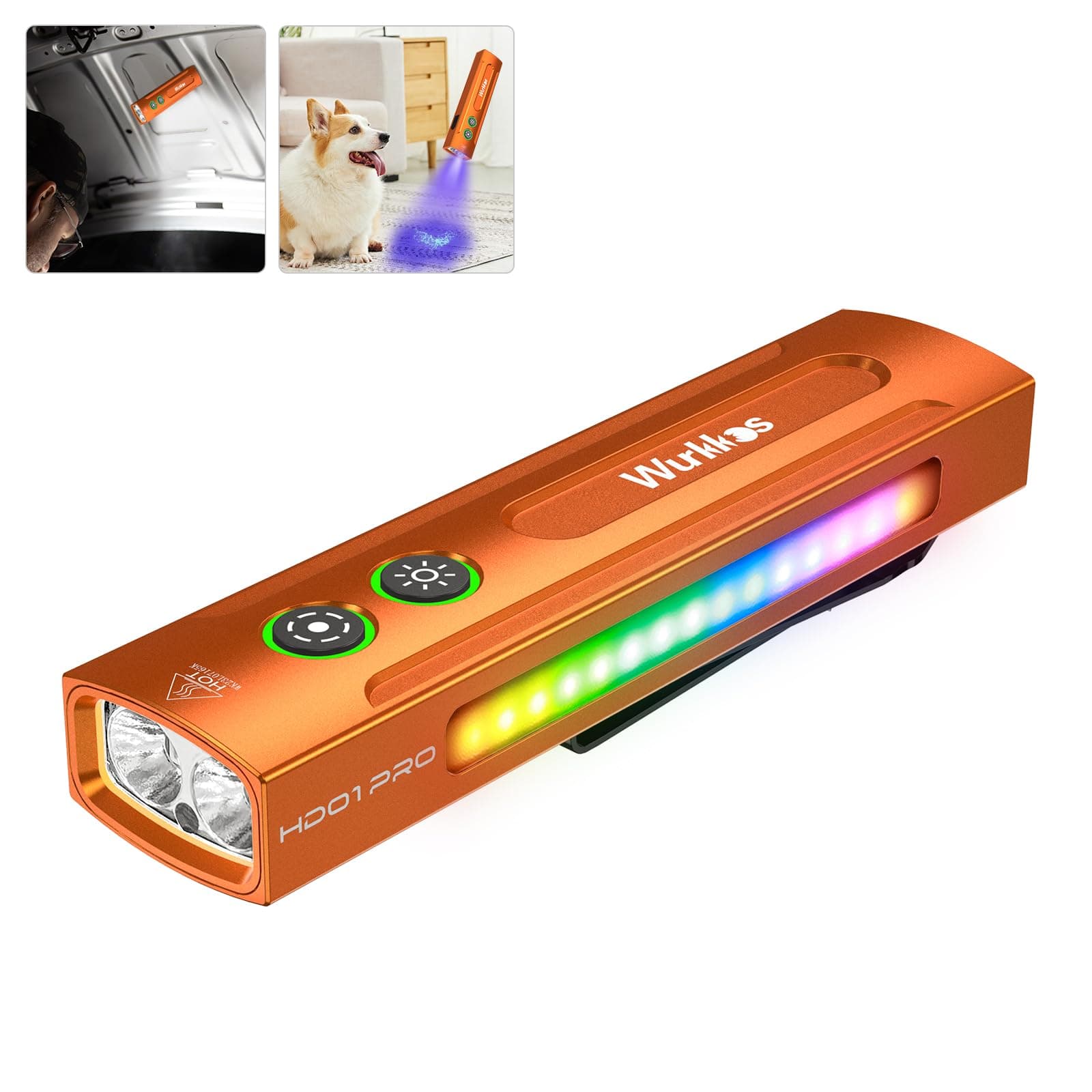 HD01PRO UV Flashlight with UV Light&White LED Combo,Led Flashlight 1200Lumens Flat Flashlight with RGB Light,Rechargeable EDC Flashlight,Pocket Light for Emergency,Pet Urine Detection(Orange)