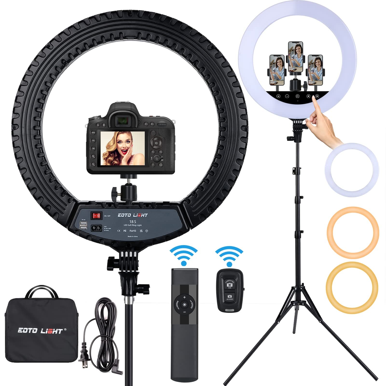 Upgraded 18 inch LED Ring Light with Tripod Stand, Ring Light with Touch Panel for Makeup Studio Portrait YouTube Vlog Video Shooting with Remote Controller, CRI>90