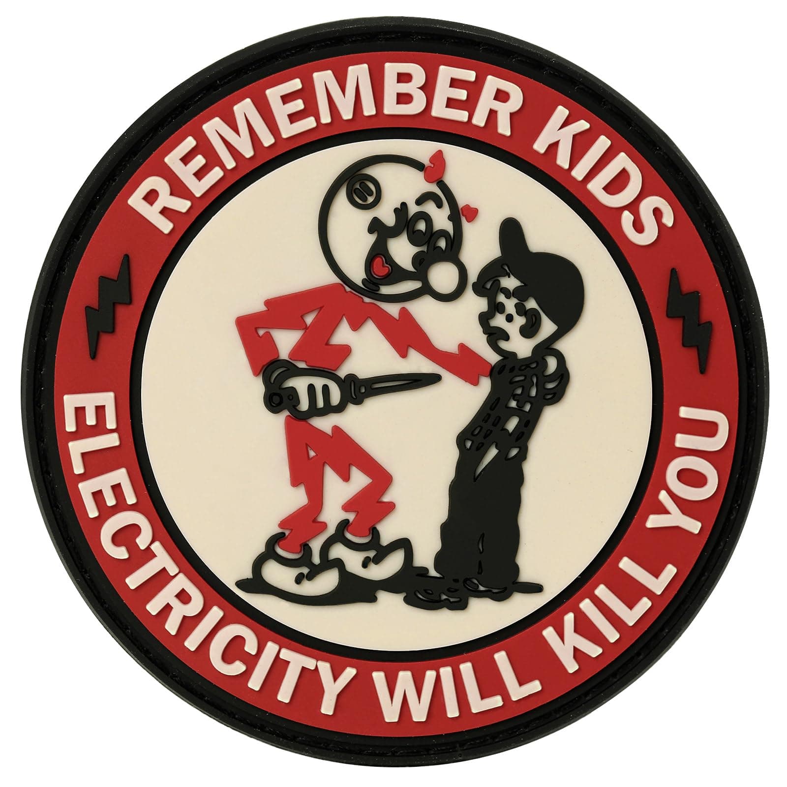 Warning Sign PVC Patch - Remember Kids Electricity Will Kill You, Funny Hook and Loop Patch for Backpacks, Hard Hat, Vest, Gear Bag, Morale Patch for Lineman, Construction, Electrician