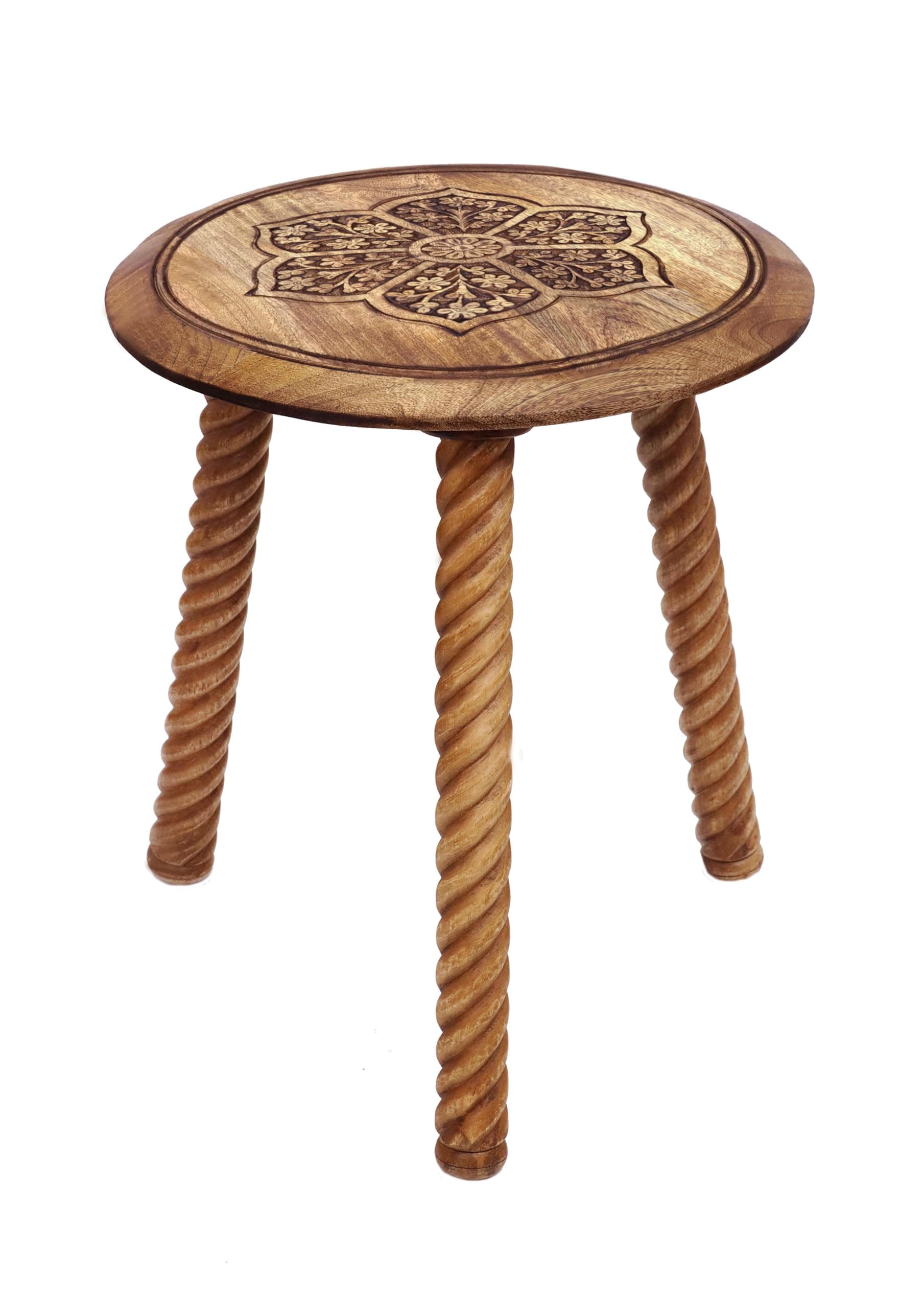 Solid Wood End Table - Hand Carved Accent Table - Global Boho Side Table - Easy to Assemble Round Table - Small Spaces Entryway Living Room Bedside Farmhouse - 18 Inches Round - Natural
