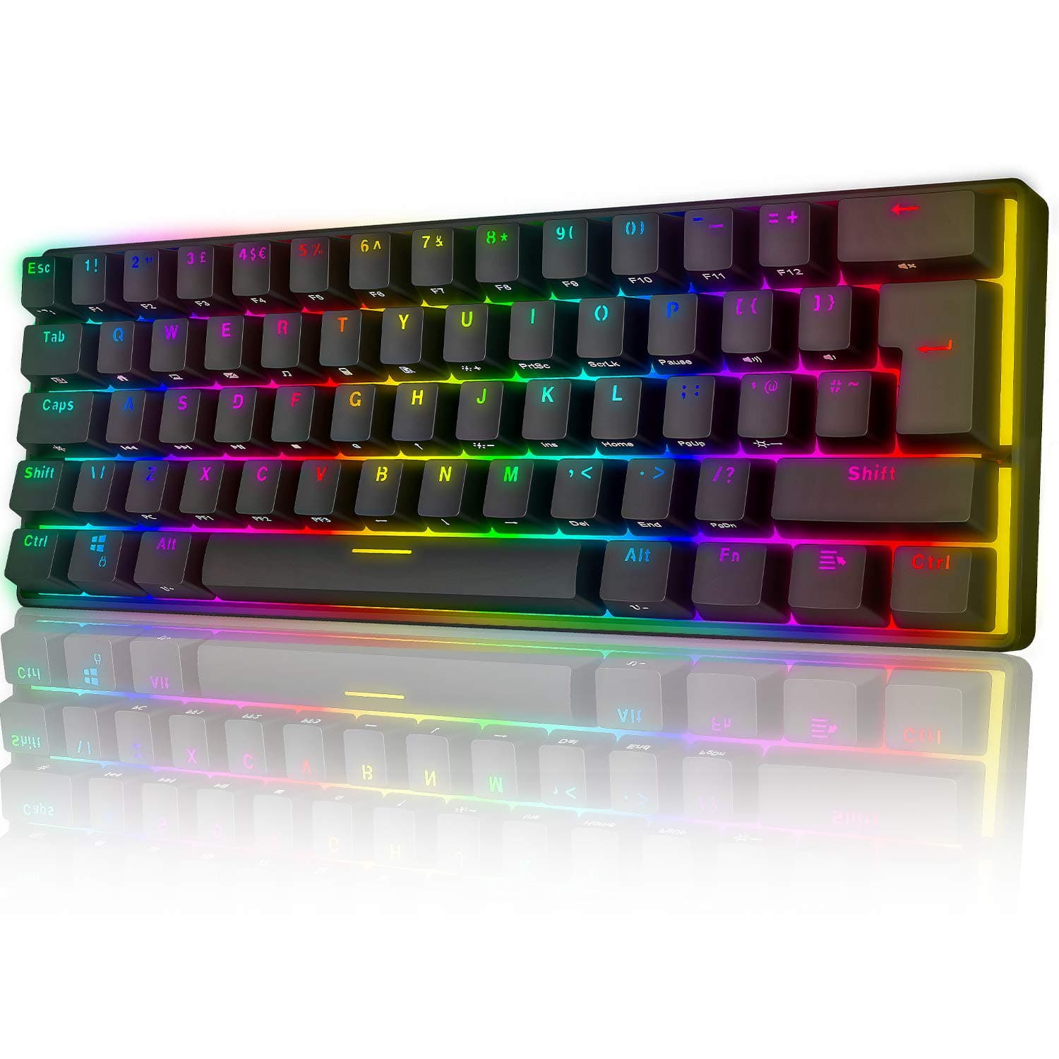 UK Layout 60% Mechanical Gaming Keyboard Type C Wired 61 Keys LED Backlit USB Waterproof Keyboard 14 Chroma RGB Backlight Full Anti-ghosting Keys (Black/Blue Switch)