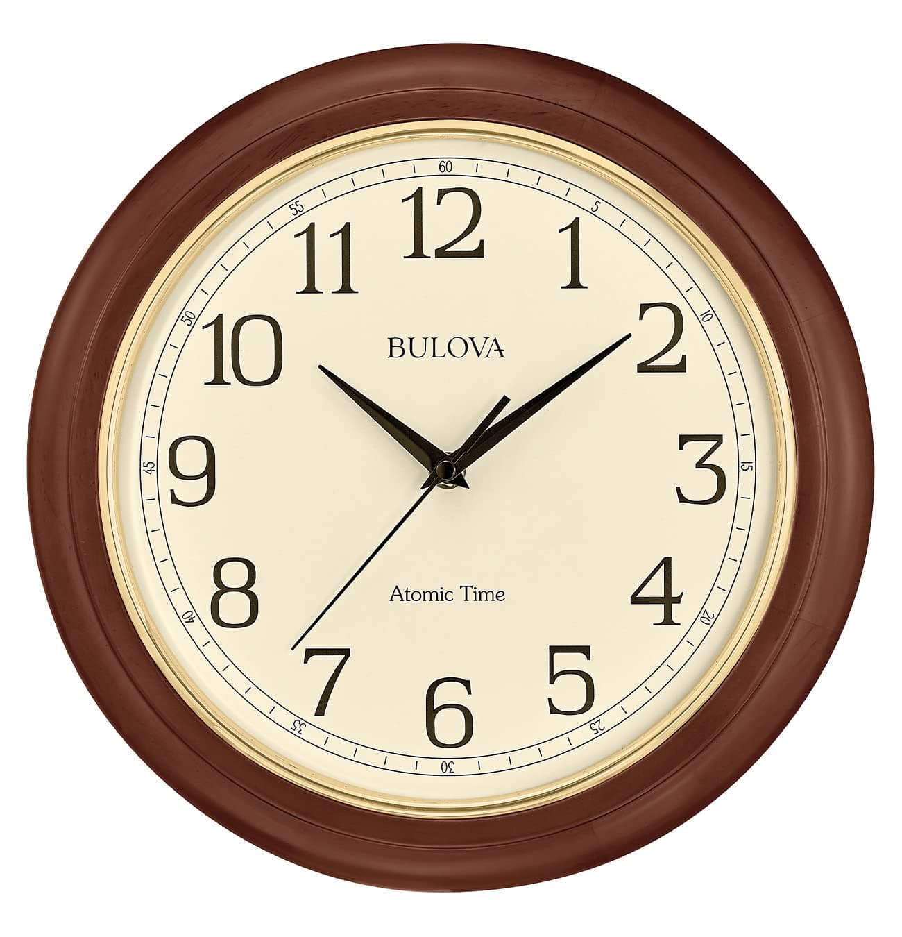 Bulova Wooden Atomic Analog Wall Clock, C5004 Atomic Time 2, Sets Automatically, Quartz Battery