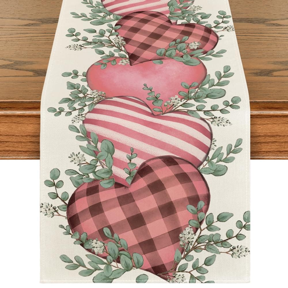 Pink Eucalyptus Hearts Valentine's Table Runner, Anniversary HoliKitchen Dining Table Decoration for Home Party Decor 13x48 Inch