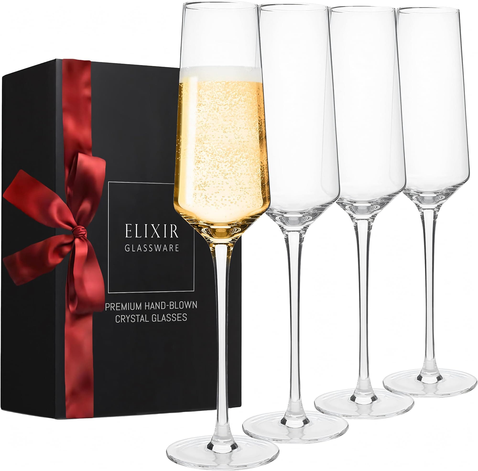 ELIXIR GLASSWARE Classy Hand Blown Crystal Champagne Flutes - Set of 4 Elegant 100% Lead Free Champagne Flutes - Gift for Wedding, Birthday, Christmas - 235g - Clear