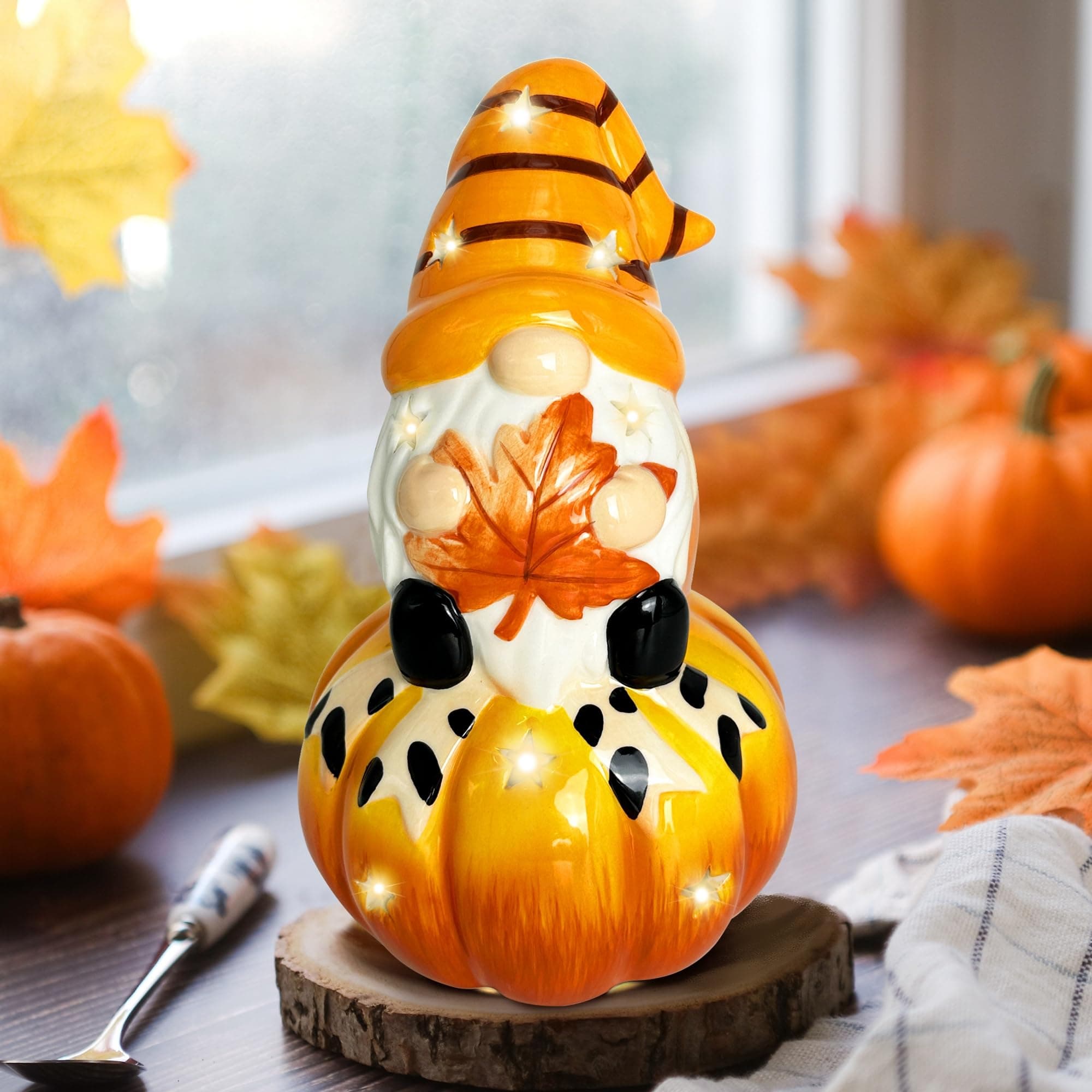 Ceramic Gnome Fall Decorations for Home, Orange Gnome Pumpkins for Decorating, Fall Table Decor Light up Pumpkin, Fall Thanksging Decor for Bedroom Indoor Mantle Table, Gnome Gift for Kids Women Men