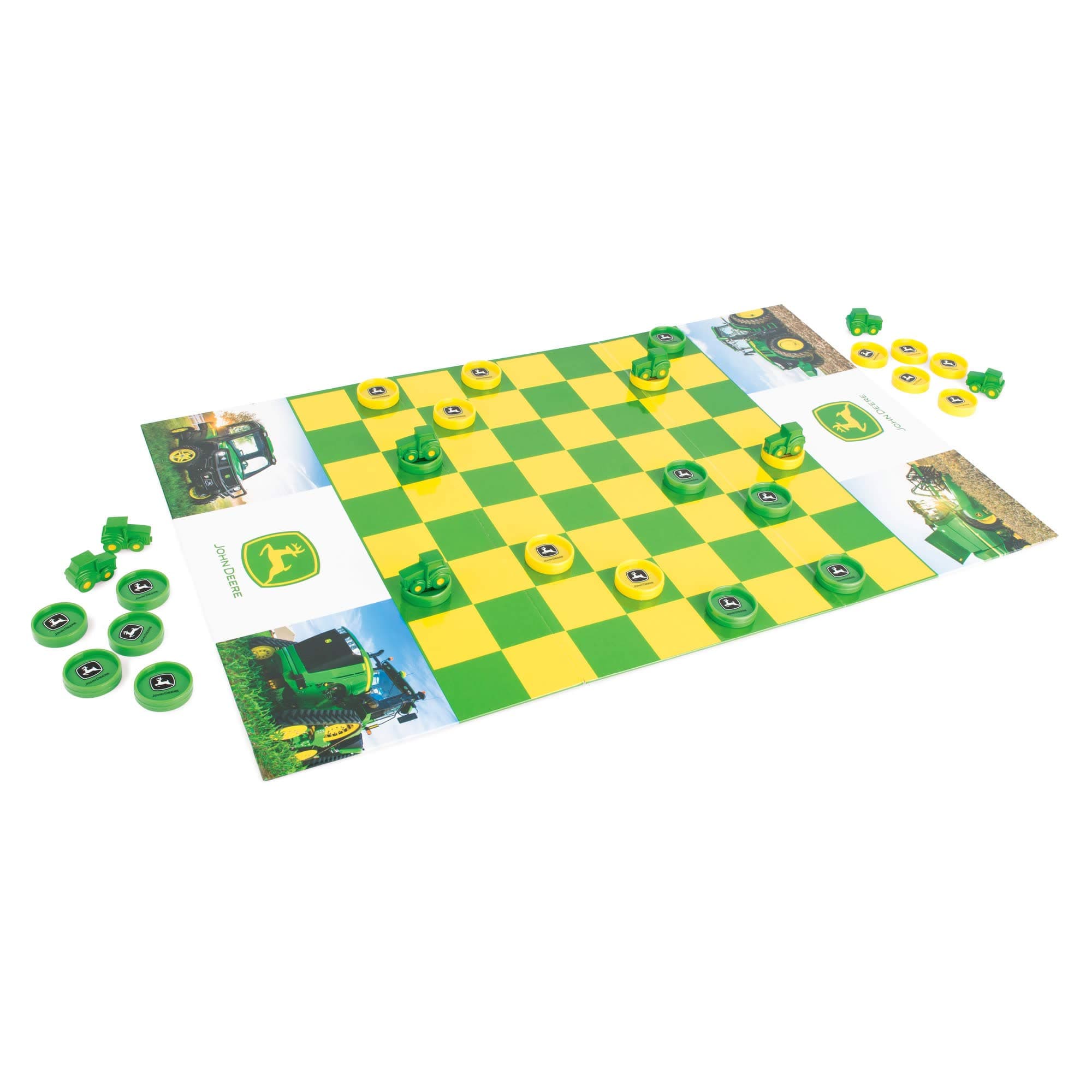 TOMY John Deere Checkers Board Game - Includes Themed Folding Board, Checkers, and Collectible Tractor Kings - Collectible Farm Toys and Strategy Games - Ages 6 Years and Up