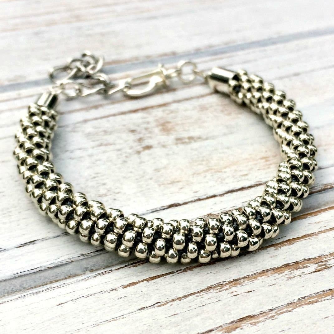 Silver Beaded Kumihimo Bracelet