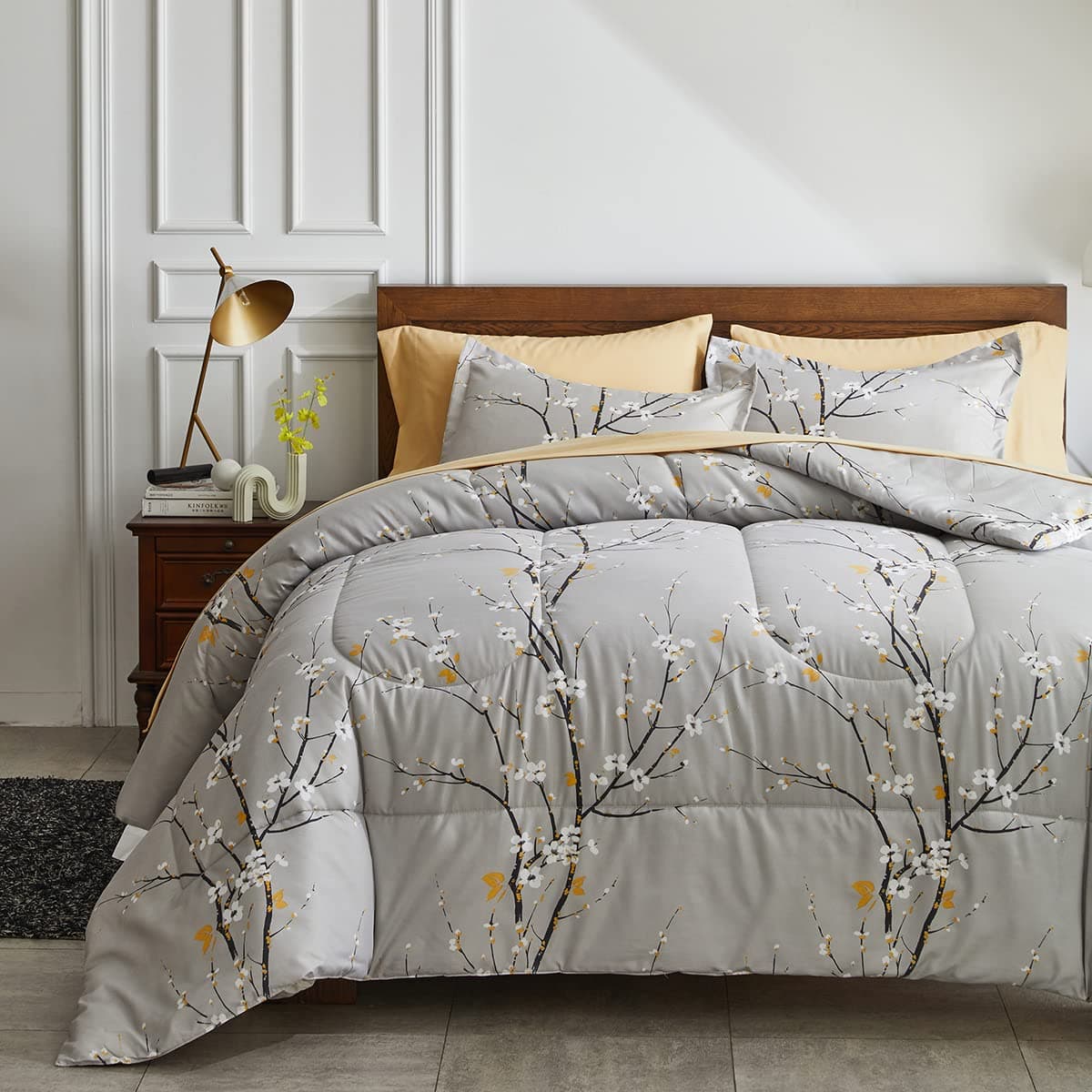 Gray Comforter Sheet Set Bed in a Bag 7 Pieces Cal King Size Tree Branch Bloom Flower Bedding Set (1 California King Comforter 2 Pillow Shams 1 Tan Flat Sheet 1 Fitted Sheet 2 Pillowcases)