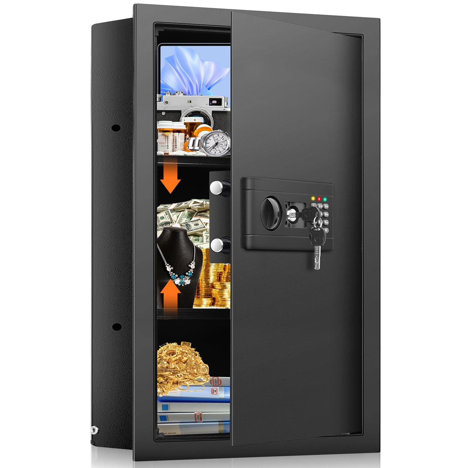 25.6" Tall Fireproof Wall Safes Between the Studs 16" Centers, Hidden Wall Safe with 3 Removable Shelf & Hidden Tray, Heavy Duty Wall Mount Safe for Firearms, Money, Jewelry, Passport