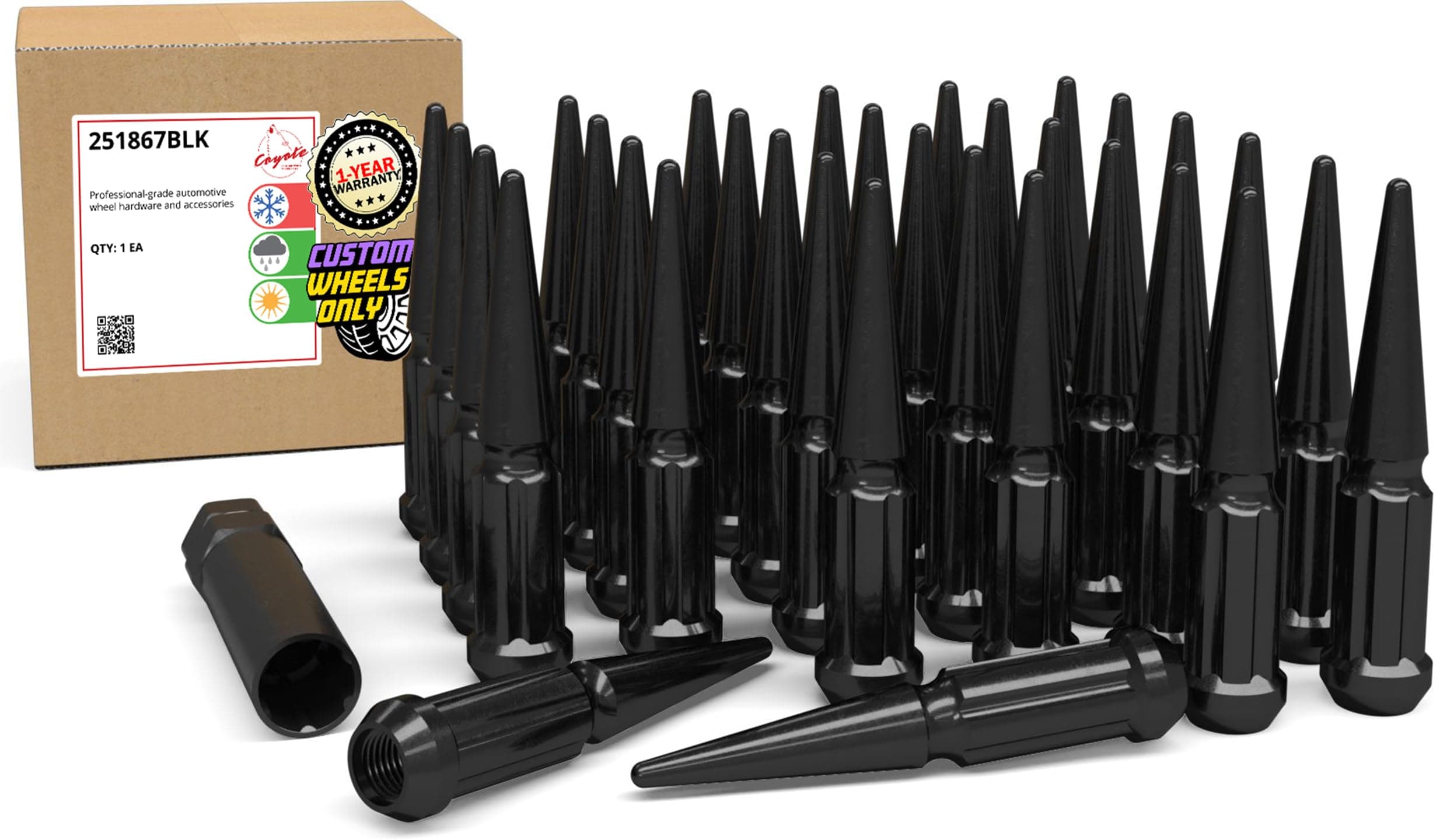 Wheel Accessories Parts 32 Pcs 9/16"-18 Thread Spike Spline 4.40" Long Lug Nuts Black Truck Spline Hex Fits Ram 2500 3500 | Ford F250 F350 | Chevrolet GMC C20 K20 K30 K35 C2500 C3500