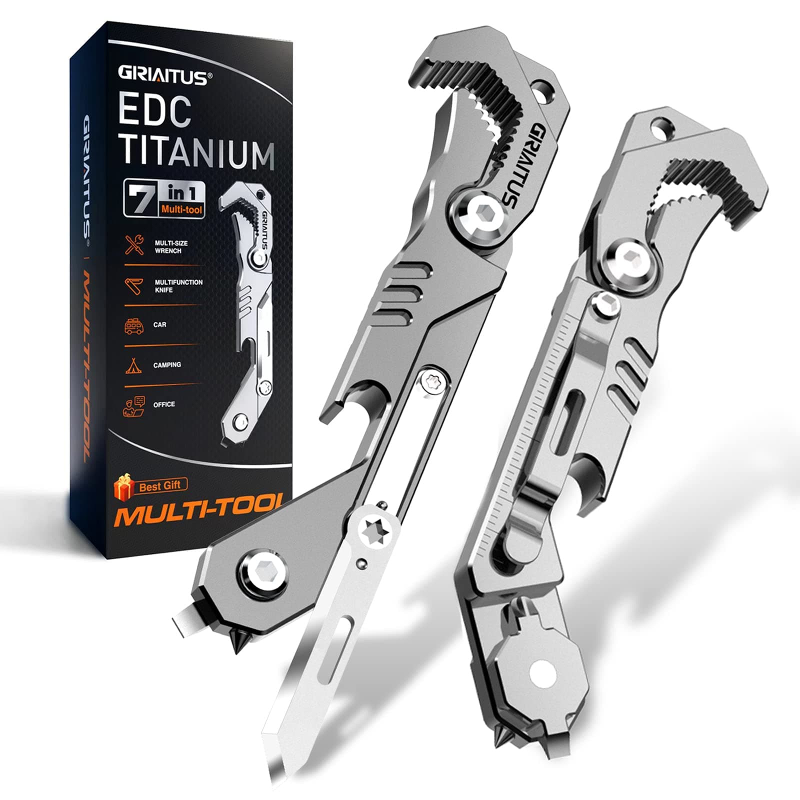 EDC Multi-Tool 7 in 1 with Knife, Wrench, Folding Knife, Screwdriver, Bottle Opener, Ruler, Emergency Window Breaker, Seat Belt Cutter for Men's Gift EDC Pocket Multi-Tool (Bright Silver)