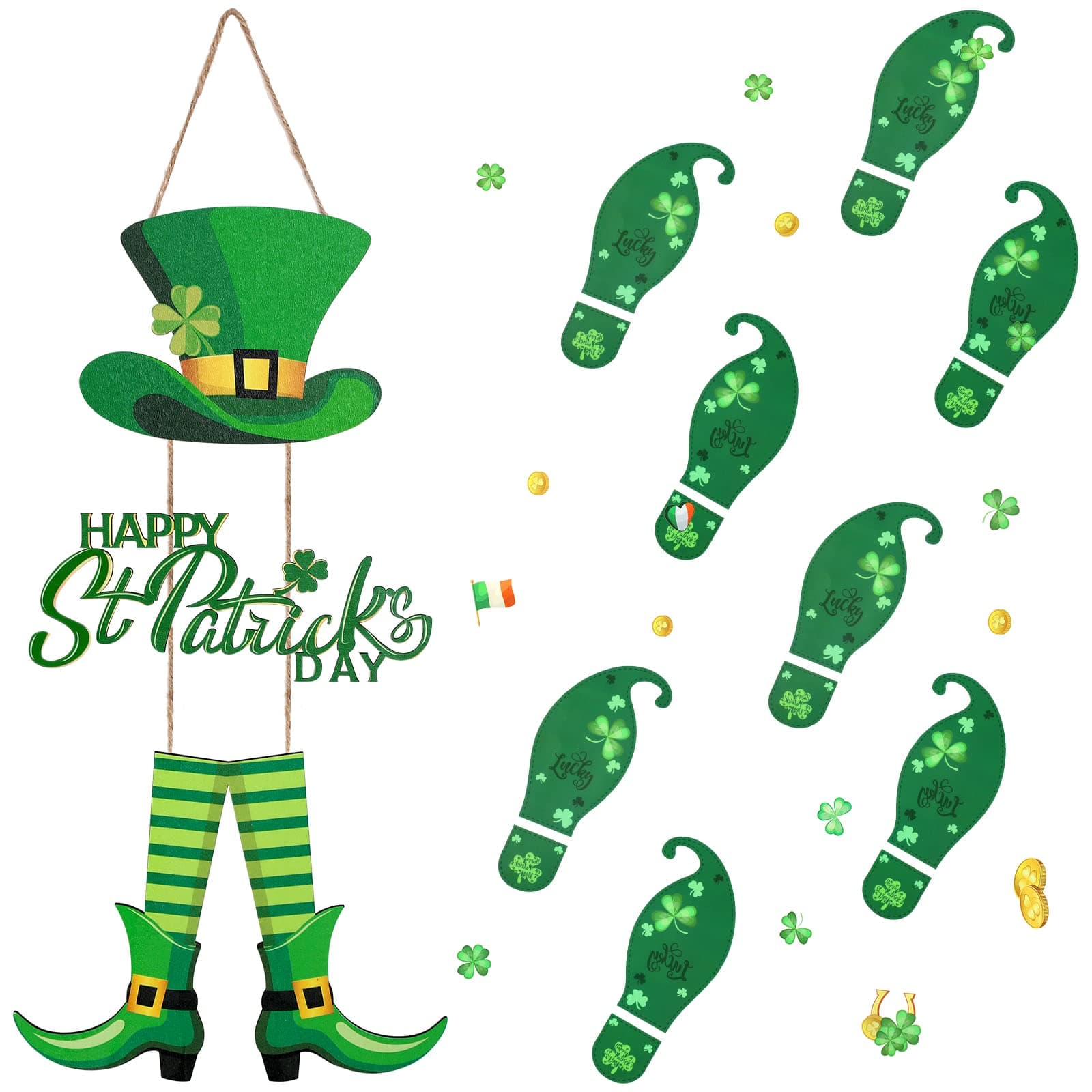 St Patricks Day Decorations Set Includes Happy St. Patrick's Day Themed Hanging Wooden Wall Decor and 5 Sheets Leprechaun Footprints Floor Decals Happy St. Patrick's Day Sign Shamrock Door Decoration