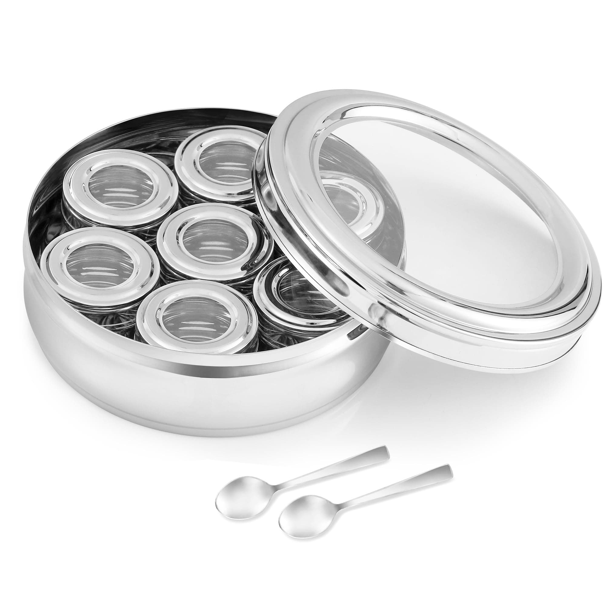 Belly Shape Spice Container Masala Dabba With 7 Compartments, Masala Box, Spice Container Box,Stainless Steel Spice Box Indian Masala Dabba with Transparent Lid, 22cm