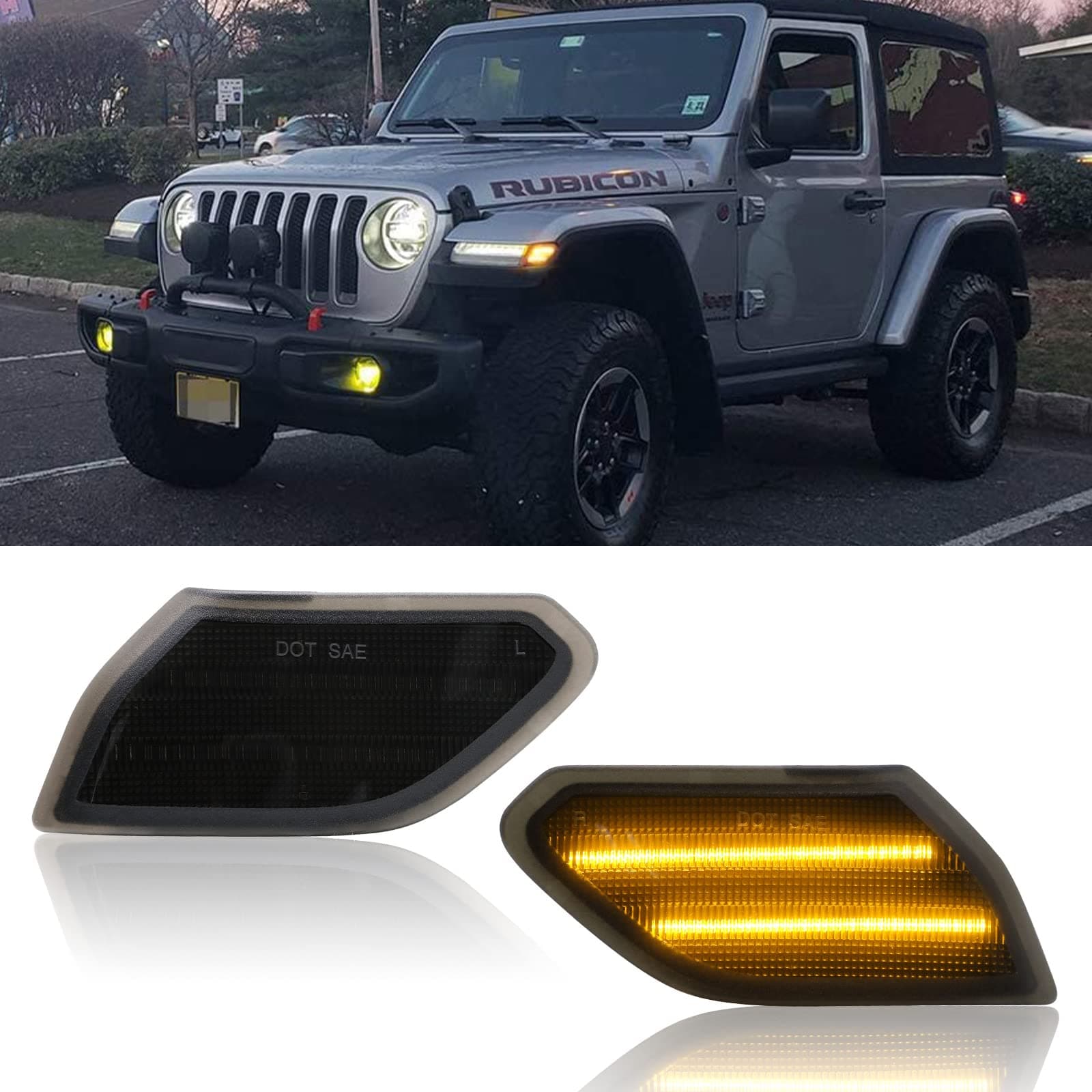 （2 Pack）LED Turn Signal Marker Light Replacement for 2018-2022 Wrangler JL/2020-2022 Gladiator Smoked Amber LED Side Reflector Marker Lights Front Fender Bumper Side Marker Lamps.