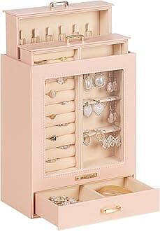 Homde Jewelry Organizer Girls Women Jewelry Box for Necklaces Rings Earrings Gift Bracelets Storage Case (Peach Pink + Gold)