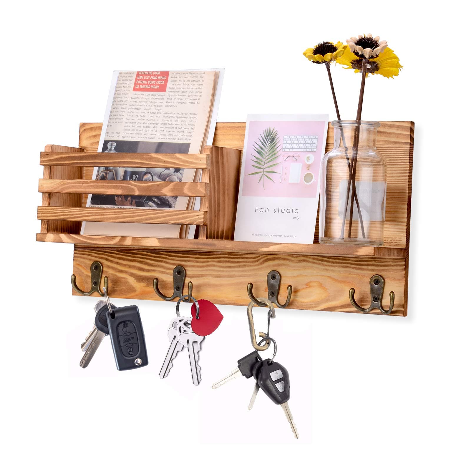 Key Holder for Wall Decorative with 4 Double Key Hooks, Wall Mounted Key Hangers for Wall with Mail Key Rack, Wooden Mail Organizer with Shelf, Home Decor for Entryway Mudroom Hallway Office