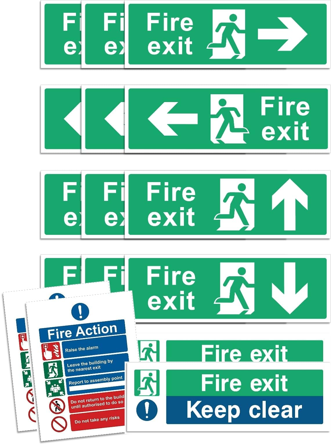 16PK/32PK Fire Exit Signs (RIGHT, LEFT, UP, DOWN ARROW) Keep Clear, Fire Action Safety Signs, 30 X 10cm, Self Adhesive Vinyl Sticker, Emergency Exit Door, Signage (16pk)
