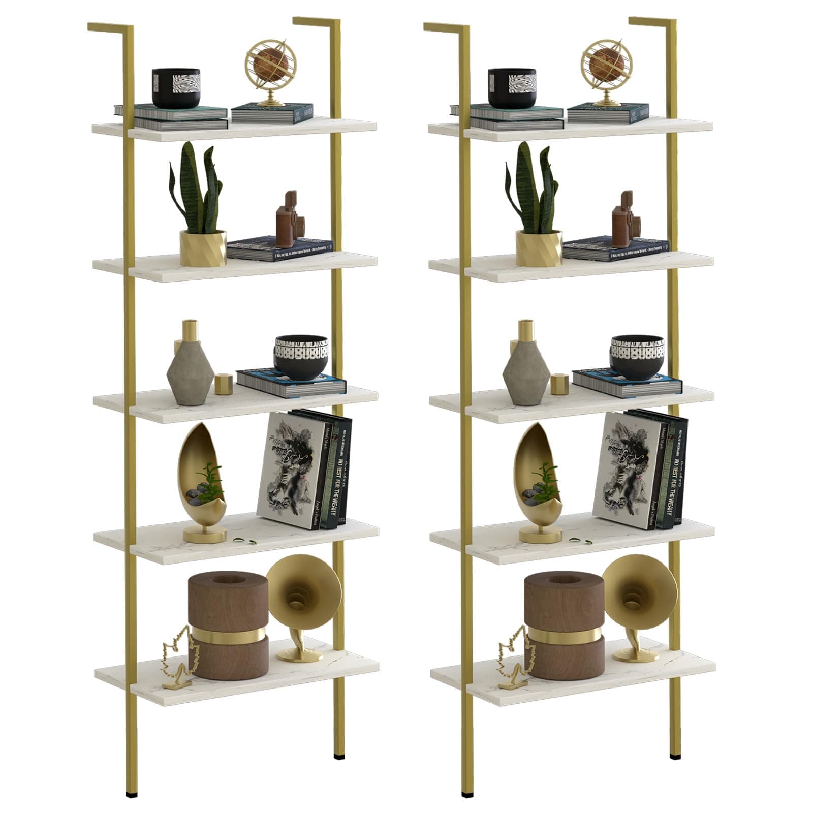 aboxooLadder Shelf 2PCS White Marble Bookshelf 5-Tier Wall-Mounted Wood Rack Open Industrial Modern Plant Flower Stand Utility Organizer Bookcase Metal Frame Furniture Office Kitchen Bedroom