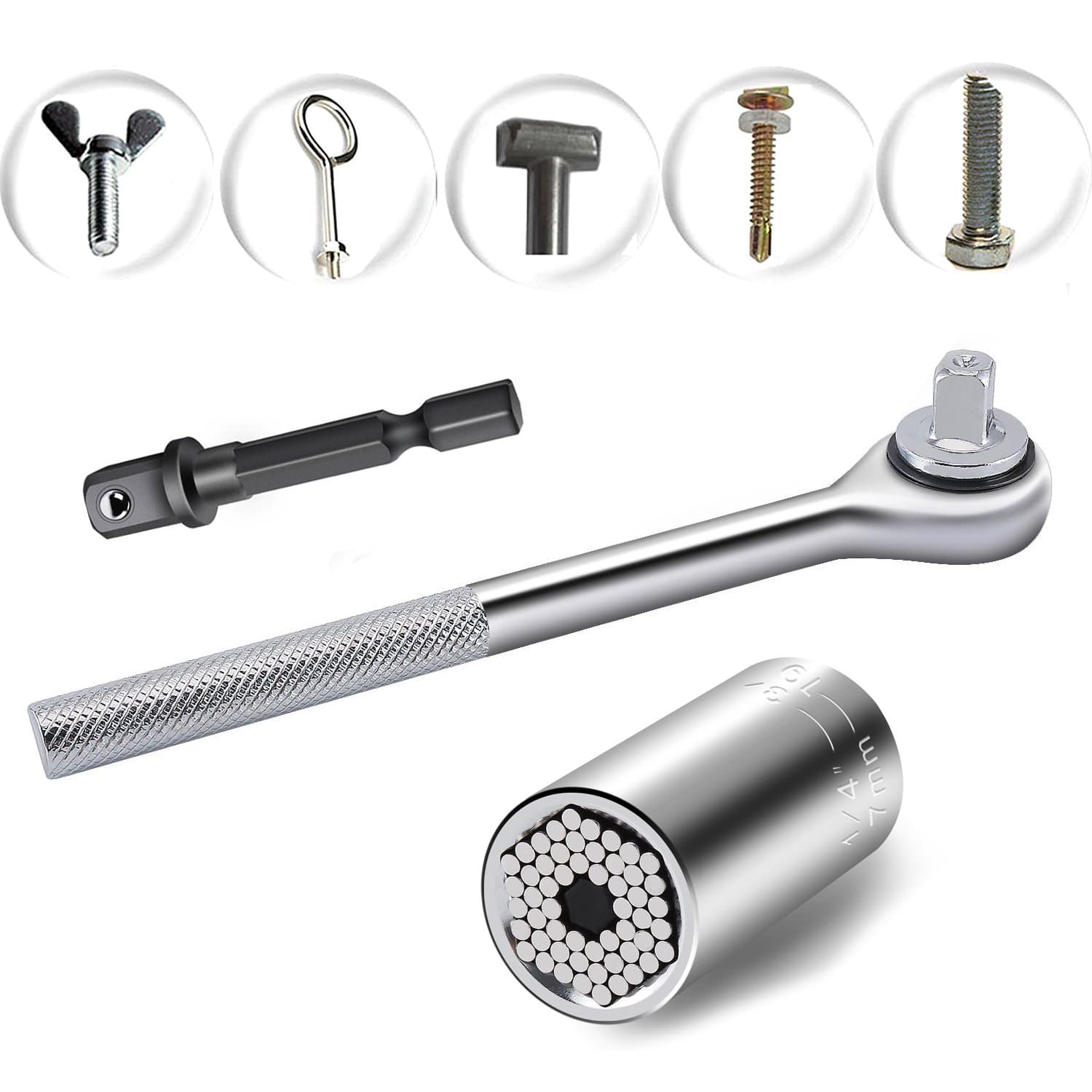 Universal Socket Multi-function 7mm-19mm Universal Sockets Metric Ratchet Wrench Power Drill Adapter Socket Professional Repair Hand Tools (Silver)