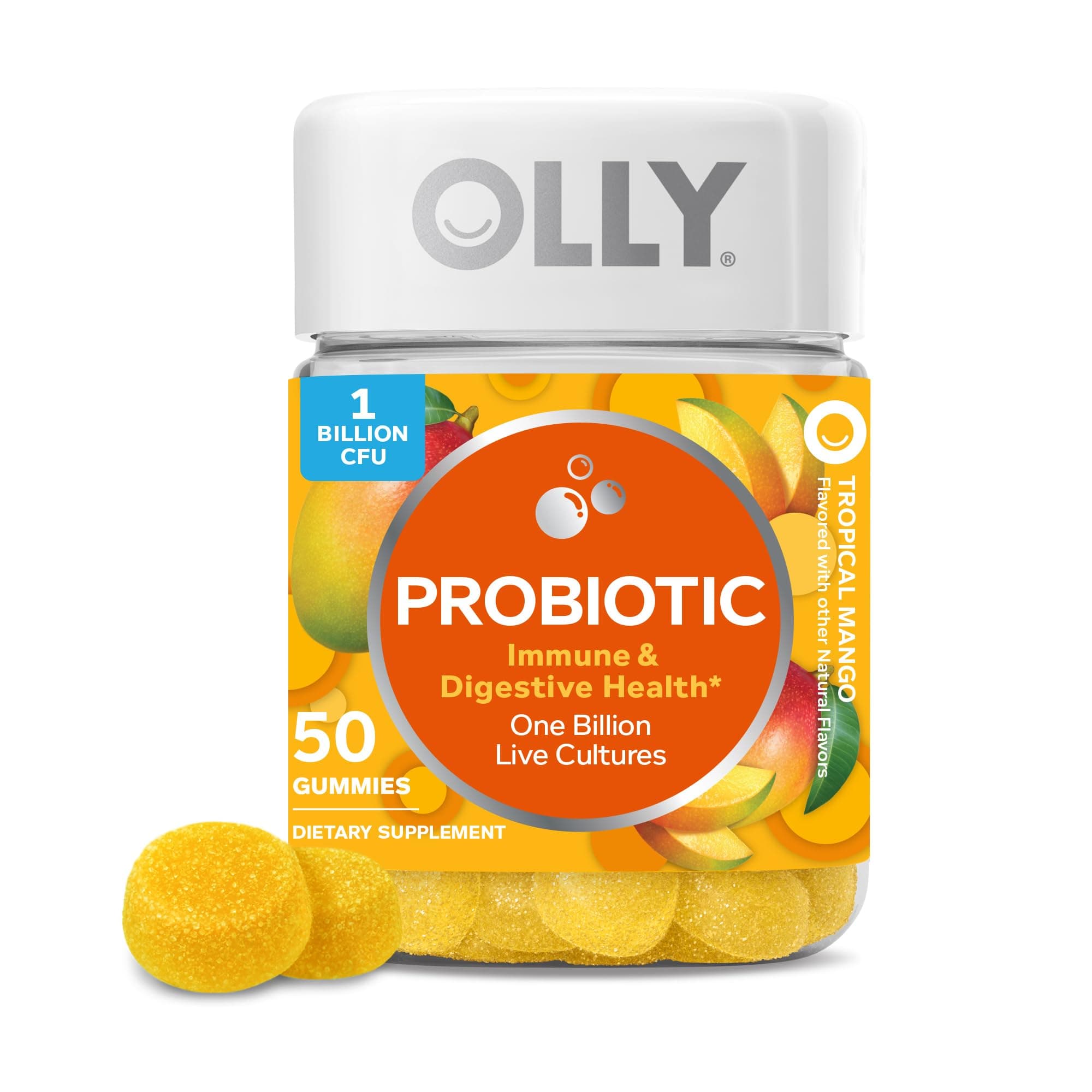 Probiotic Gummy, Immune and Digestive Support, 1 Billion CFUs, Chewable Probiotic Supplement, Mango, 25 Day Supply - 50 Count