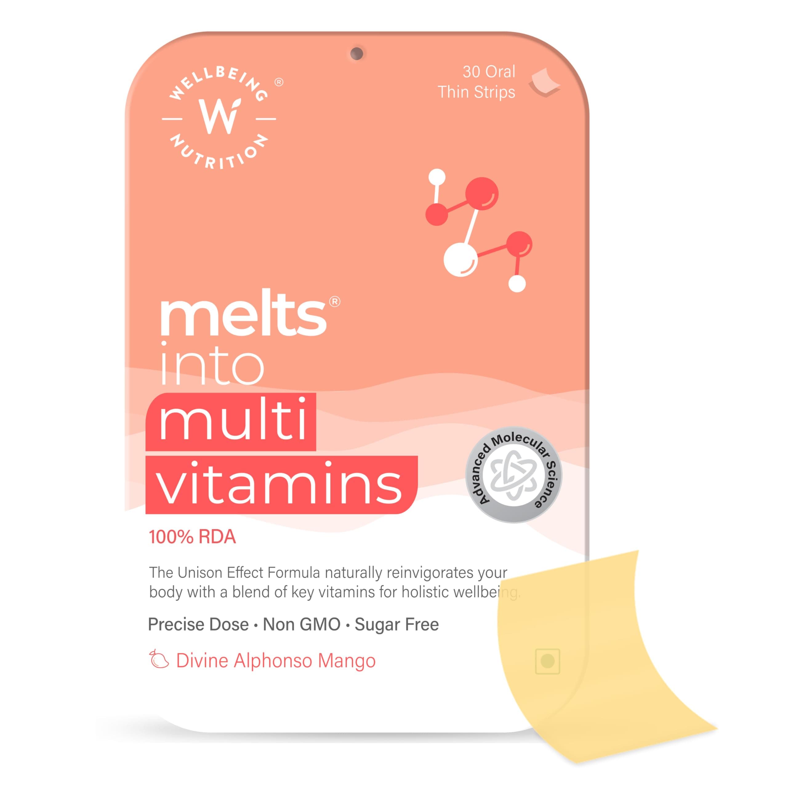 WELLBEING NUTRITION Melts Complete Plant Based Multivitamin with 100% RDA of Vitamin A, Vitamin B-Complex, Vitamin C, D3 + K2, Ashwagandha for Immunity, Heart, Energy (30 Oral Strips)