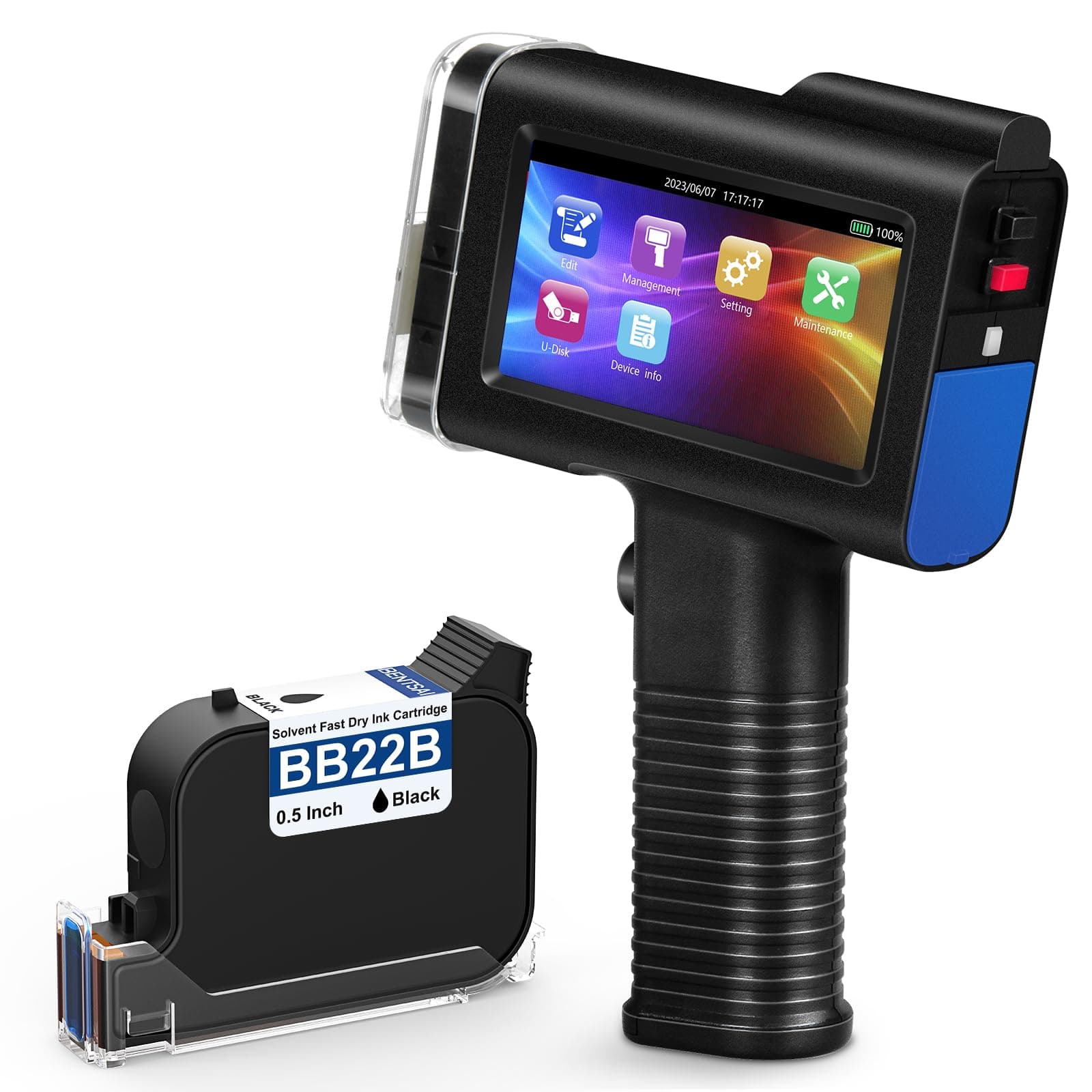 BENTSAI BT-HH6105B2 Handheld Inkjet Printer with 1/2 Inch Print Height Portable Handheld Printer for EXP Date, Batch Number, QR Code, Barcode, Logo on Carton Wood Fabric Plastic Metal (Black)