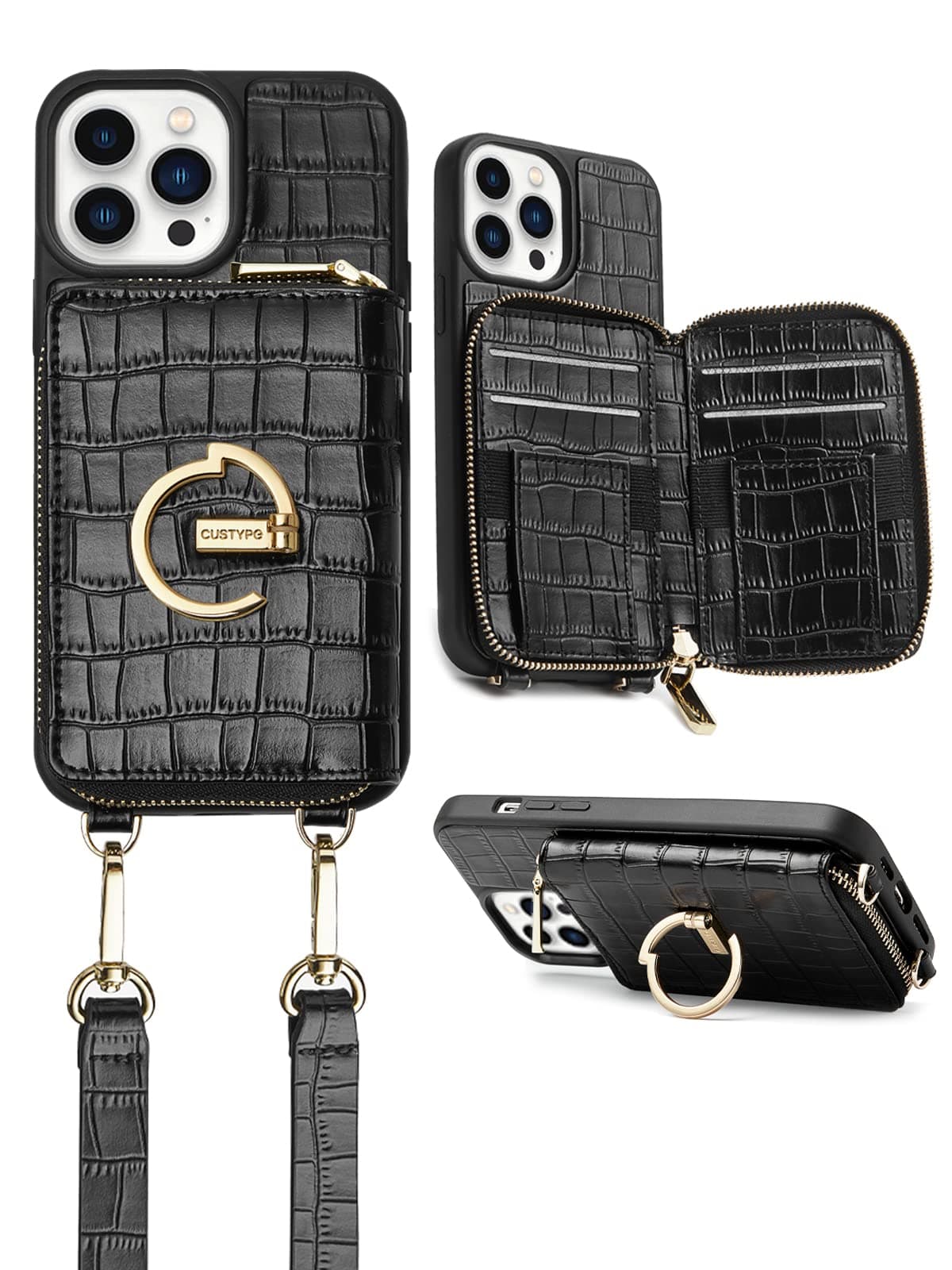 CUSTYPEfor iPhone 13 Pro Max Case Wallet with Card Holder for Women, Crossbody Zipper Case with Strap Wrist, Protective Leather Case Purse with Ring for Apple iPhone 13 Pro Max 6.7inch, Black