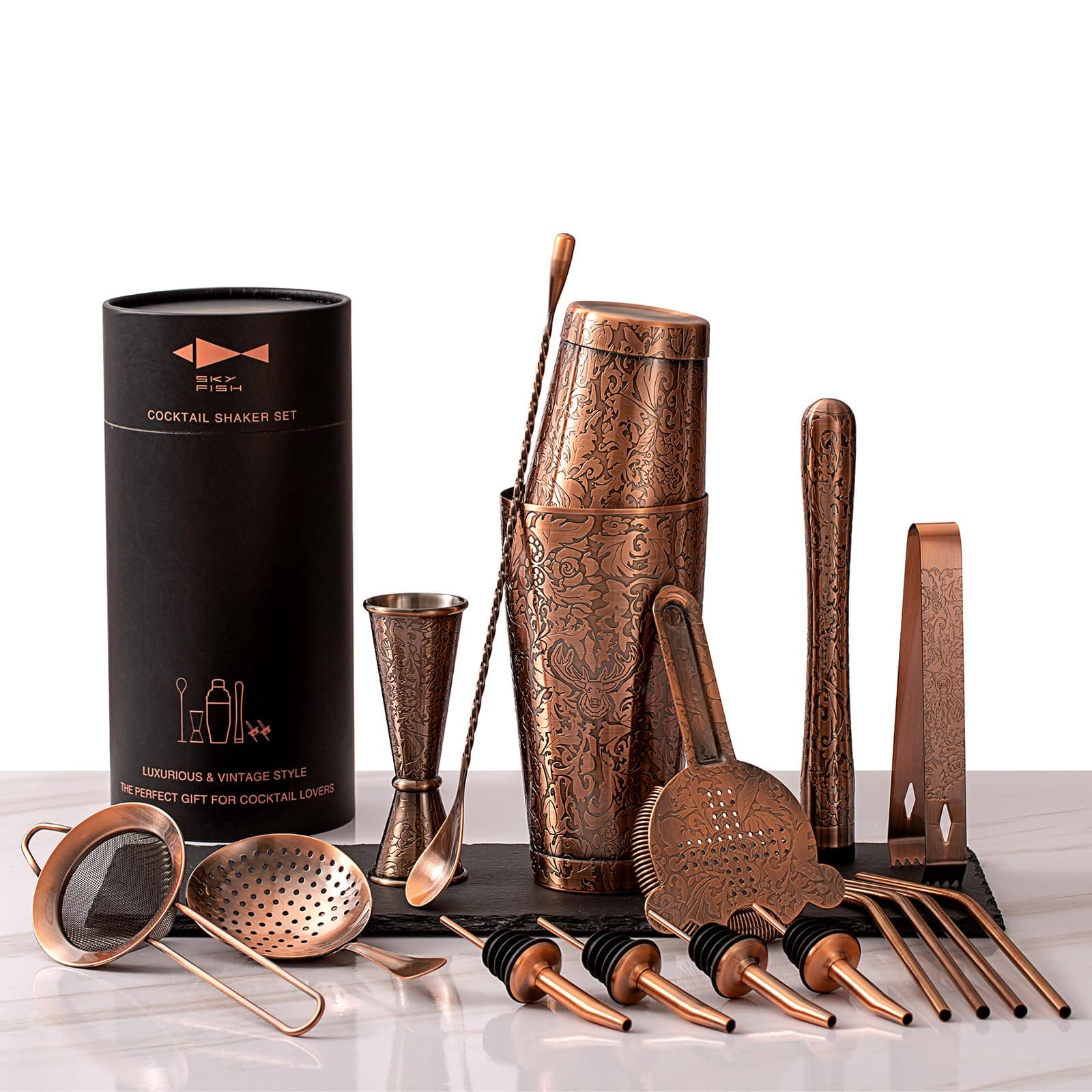 SKY FISH Boston Cocktail Shaker Set, 3D Embossed Design Bartender Set, 18-Piece Cocktial Making Kit, Stainless Steel Barware Tool Set, Antique Copper