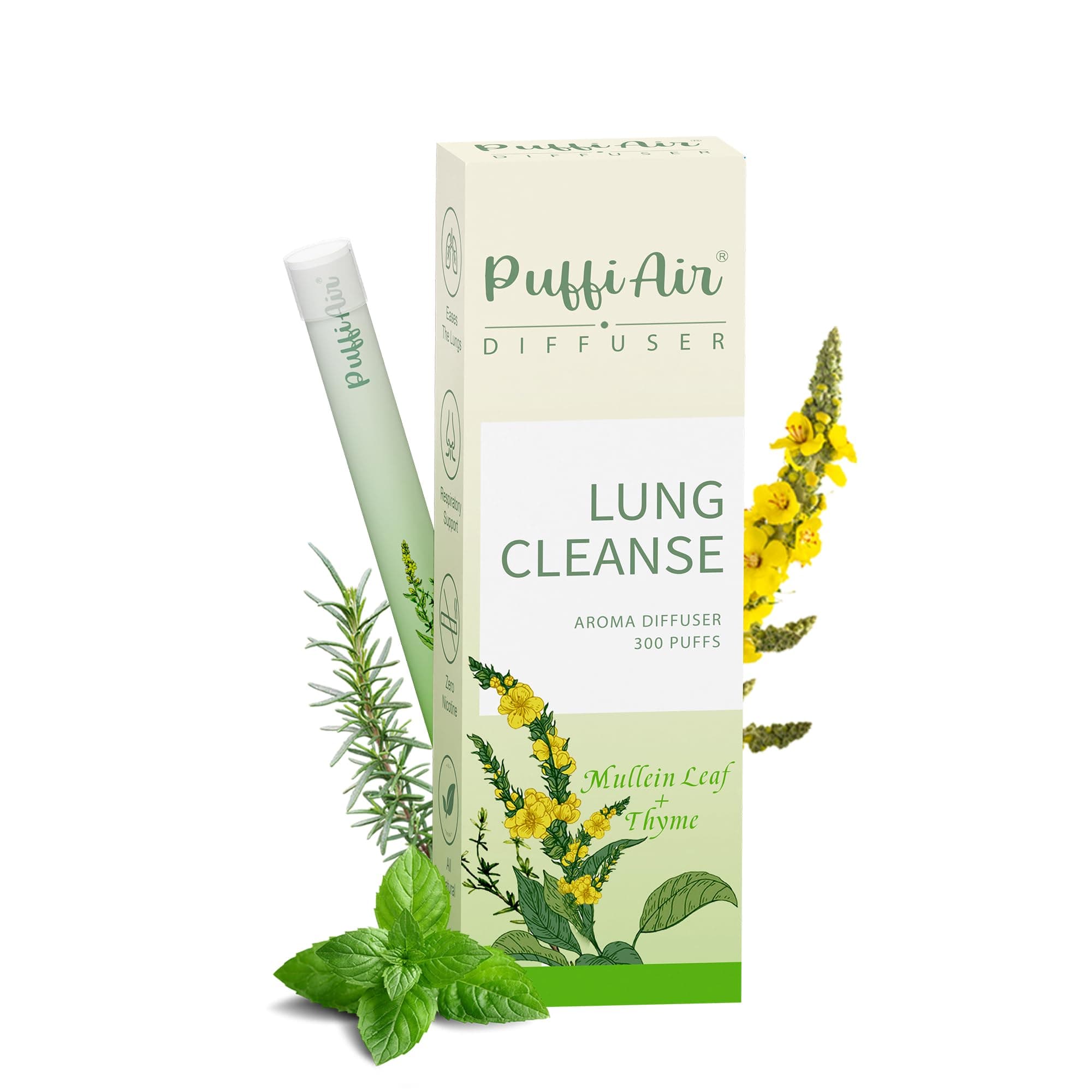 Herbal Diffuser Pen with Extracts of Mullein, Thyme and Mint for Lung Cleansing, Breathing Improvement, Oral Air Freshening and Quitting Bad Habit - 300 Uses