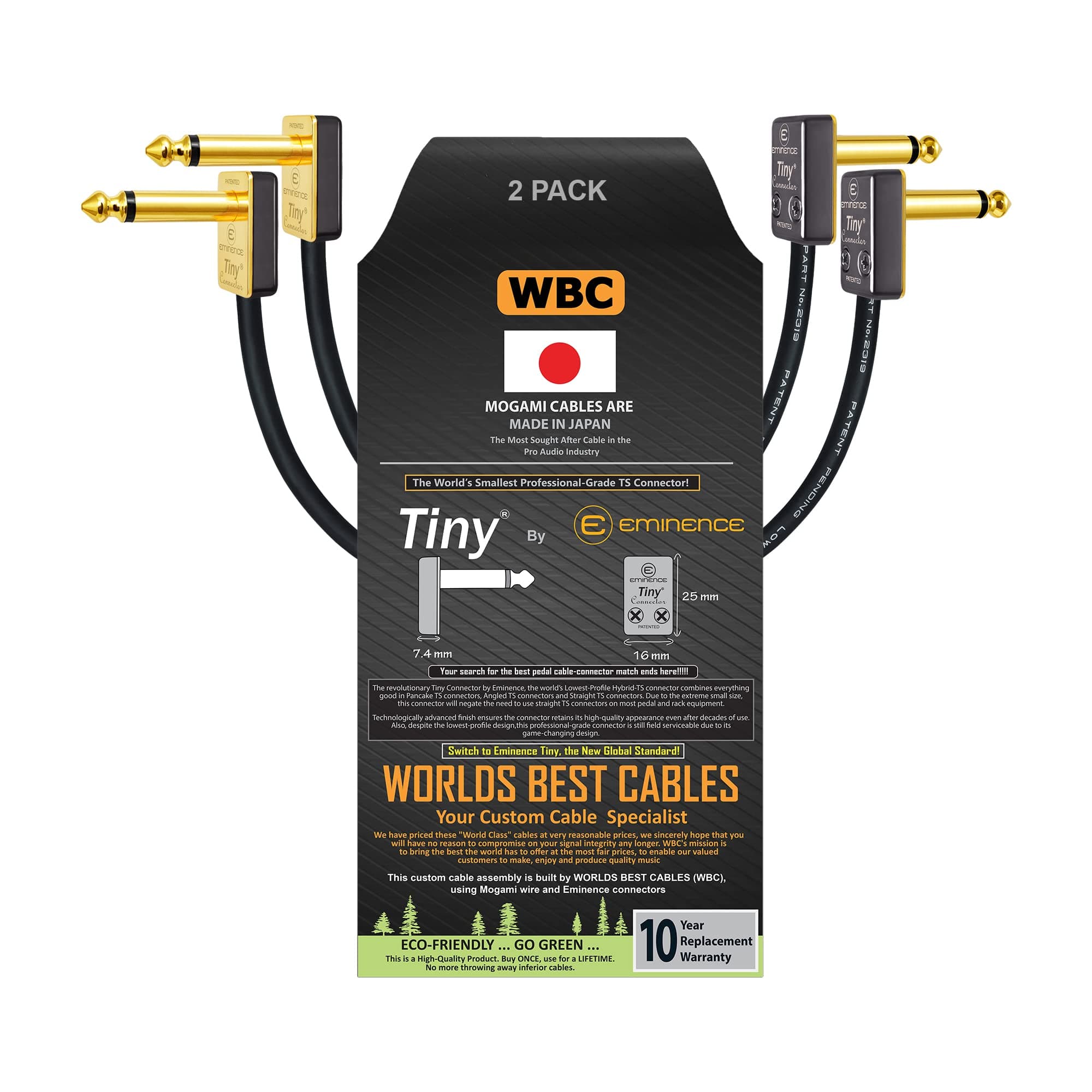 WORLDS BEST CABLES 2 Units - 8 Inch - Pedal, Effects, Patch, Instrument Cable Custom Made Using Mogami 2319 Wire & Eminence Tiny Gold-Plated Angled TS Connectors