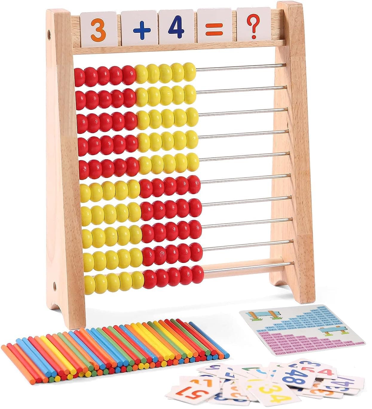 Wooden Abacus for Kids Math Learning Tool with Counting Sticks Numbers 1-100 Cards Math Counters Toys for 1st 2nd Grade Preschool Boys Girls Educational Early Math Learning Toy