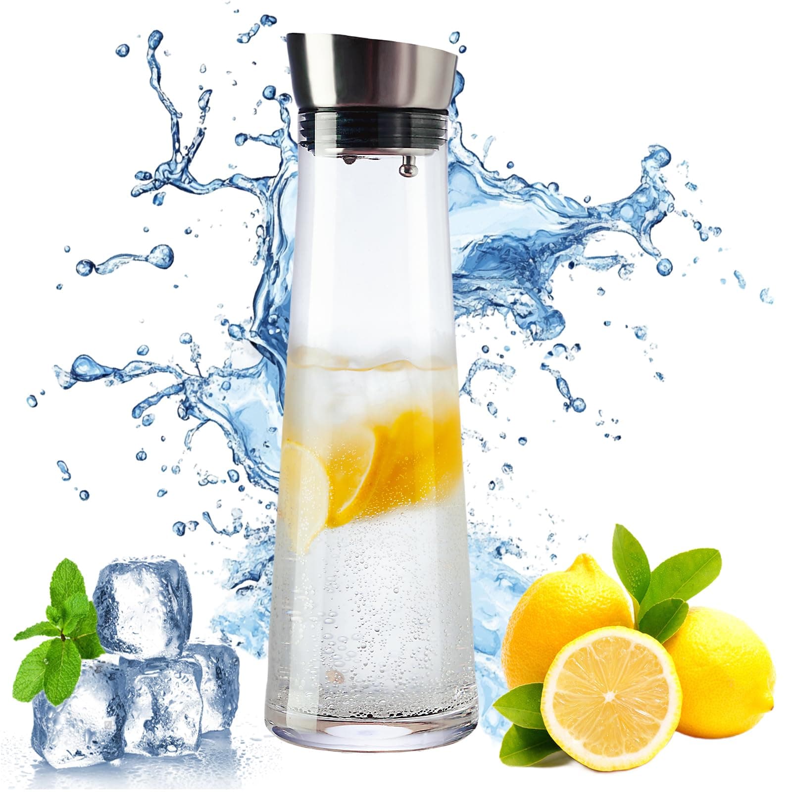 GLASKEY Glass Water Carafe with Lid,1200ml Glass Juice Pitcher with Stainless Steel Gravity Lid,Clear Water Pitcher for Ice Tea, Lemonade, Coffee,Juice Beverage,40 oz
