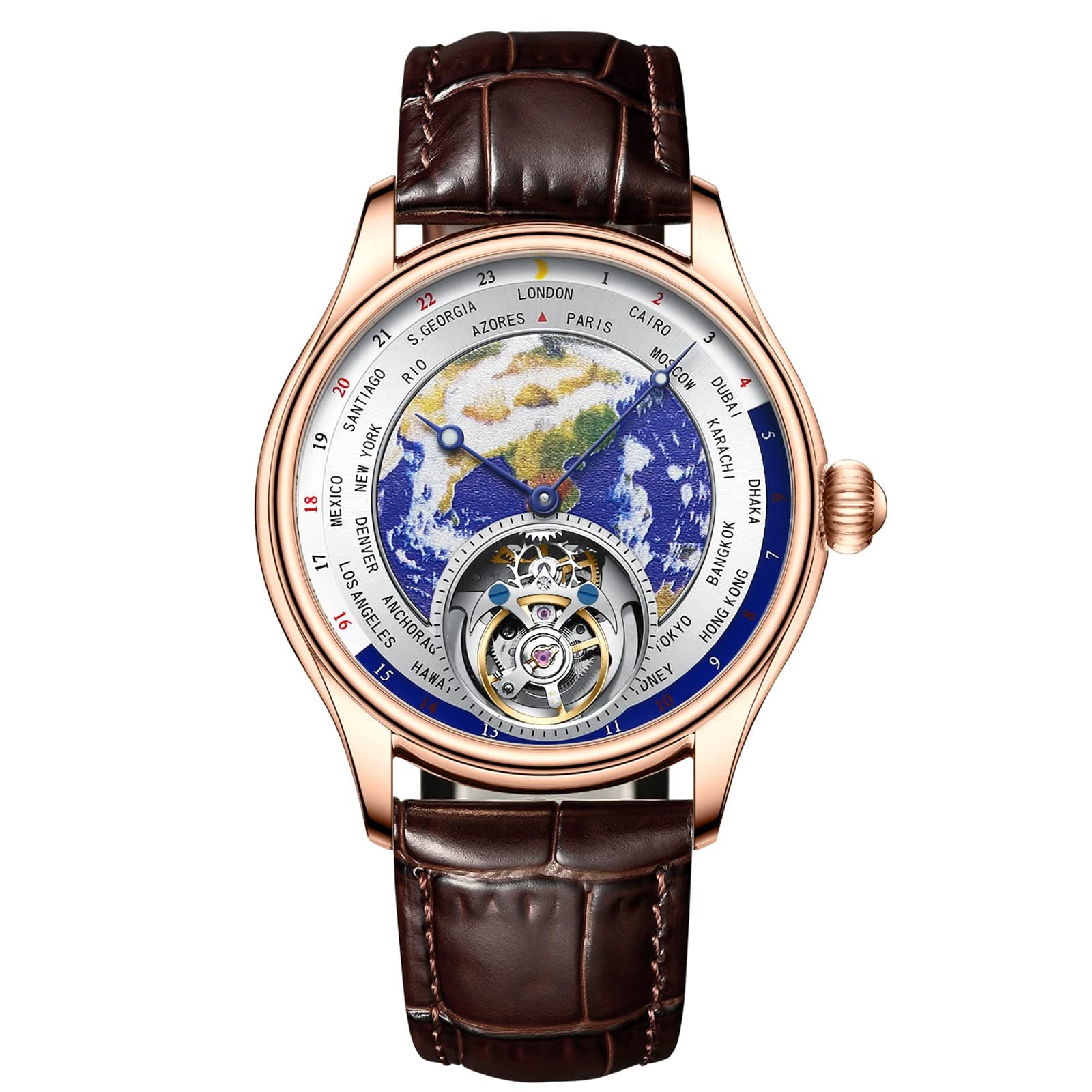 Tourbillon Mechanical Watches for Men 3D Earth Enamel Dial Hand Wind Analog Wristwatches Stainless Steel Sapphire Waterproof Luminous Dress Business Men Watch with Leather Strap E01