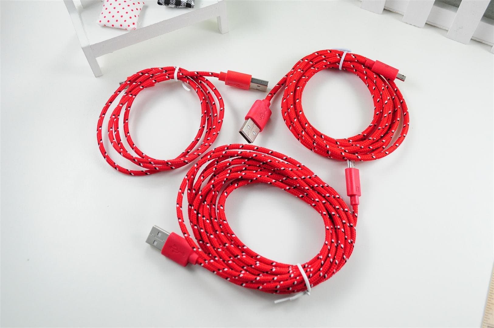 Lot Pack 3pcs 3FT 6FT 10FT (1M 2M 3M) Ruggedized Nylon Braided Fabric Cloth Jacket USB to Flat Micro USB Data Sync Cable Charging Cord for Samsung Galaxy S2 S3 S4 I9500 HTC BlackBerry (Red & Black)