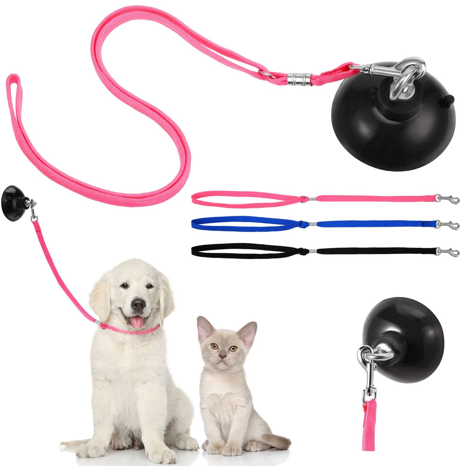 Frienda 4 Pcs Dog Bathing Tether with Suction Cup Cat Restraint for Bathing Dog Grooming Tub Restraint Loops Adjustable Cat Fixed Safety Rope for Pet Shower Grooming Helper(Blue Black Pink)