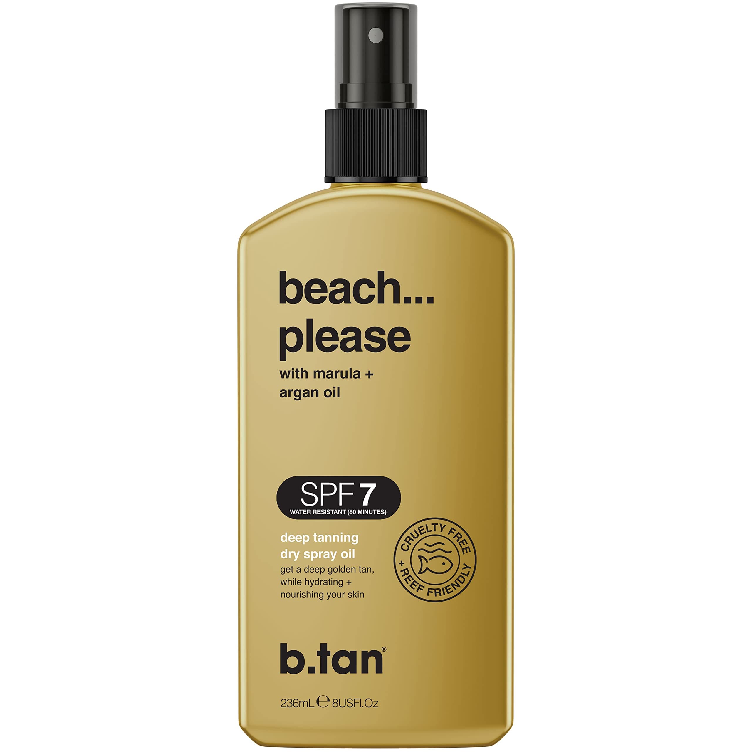 SPF 7 Deep Tanning Dry Spray | Beach... Please Tanning Oil - Get a Deep Bronze & Golden Tan, Deeply Nourishes Skin from Marula & Argan Oil, Hint of Self Tan, Vegan, Cruelty Free, 236ml