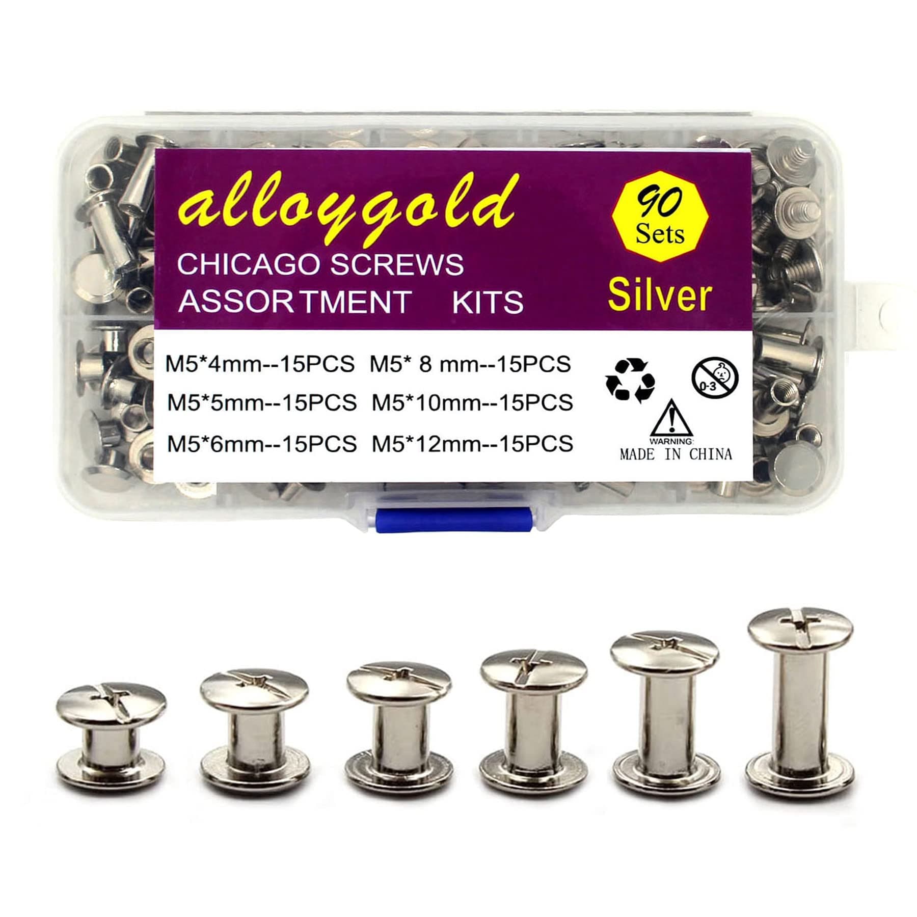 90 Sets Chicago Screws Assorted Kit Leather Rivet DIY Bookbinding Round Flat Head Rivets Screw Contains 6 Sizes of Nuts and 3 Sizes of Screws （Silver）