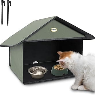 Dreyoo Outdoor Cat Feeding Station for Food & Water, Weatherproof Outdoor Kitty Dining Room Cat Shelter for Stray, Feral Cats and Community Cats, 13”d x 17”w x 15.5'h
