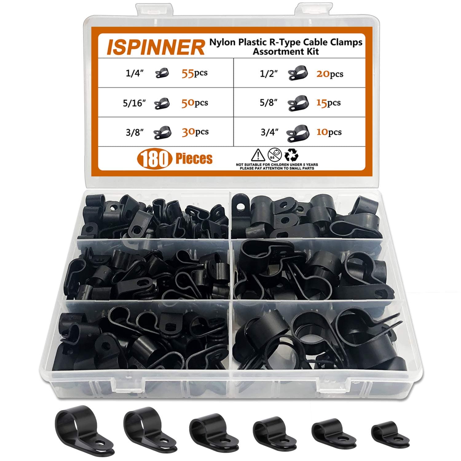 180pcs 6 Sizes Black Plastic Clamps Assortment Kit