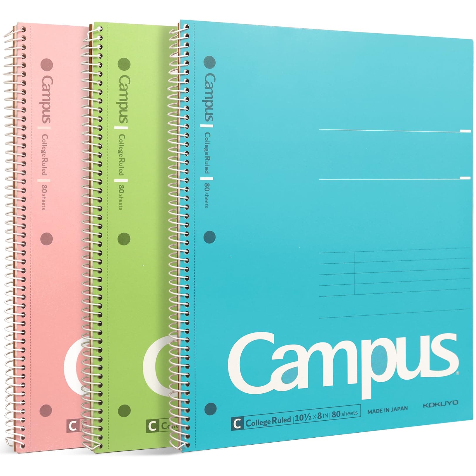 Campus Spiral Notebook, 10-1/2” x 8”, College Ruled, 80 Sheets (160 pages), Bleed Resistant, Pack of 3 Colors - Pink, Sky Blue, Green, Made in Japan (WSG-SU-400G1×3)
